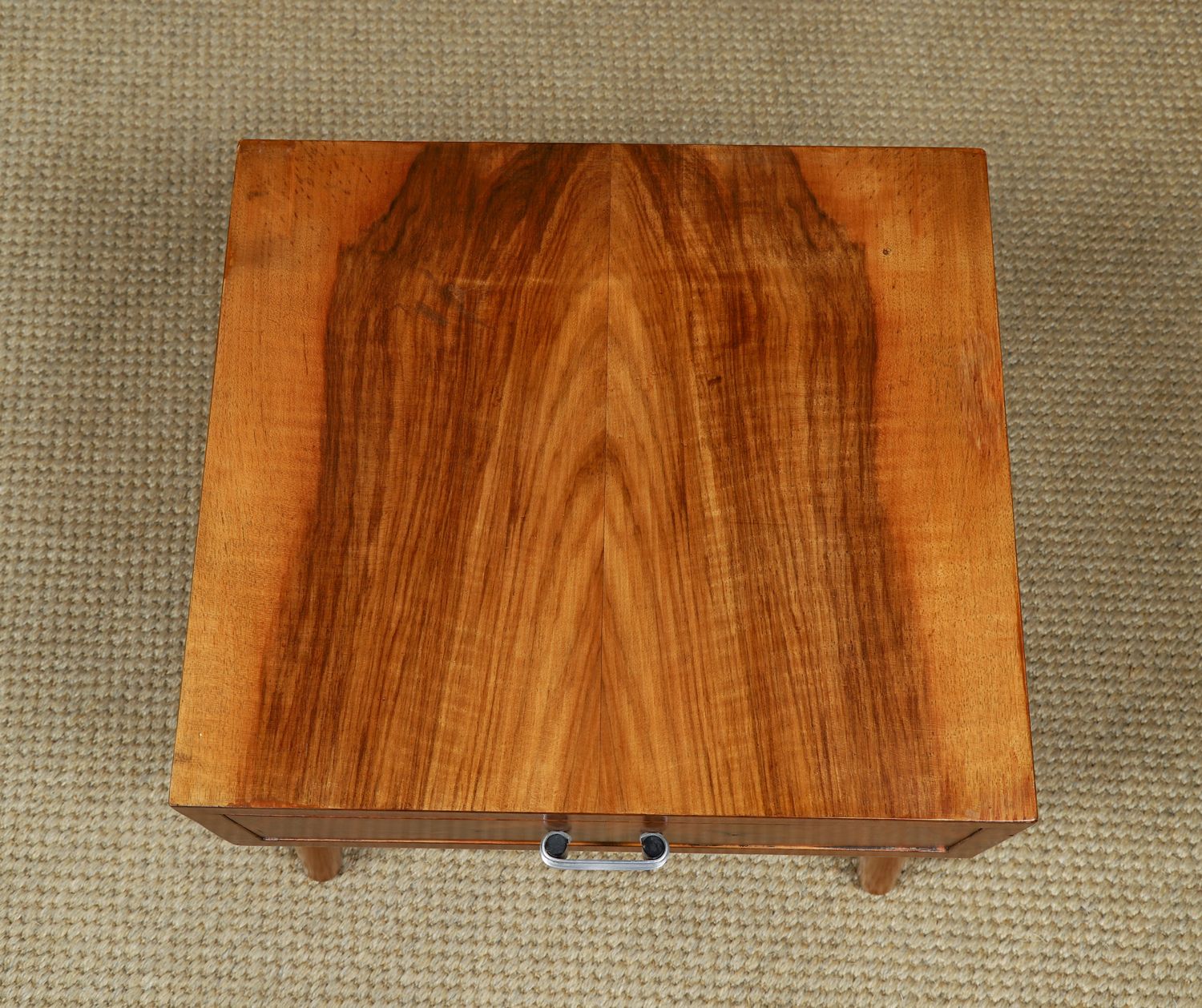 photo furniture Small English Art Deco Figured Walnut Bedside / Side / Lamp Table With Drawer (Circa 1930)