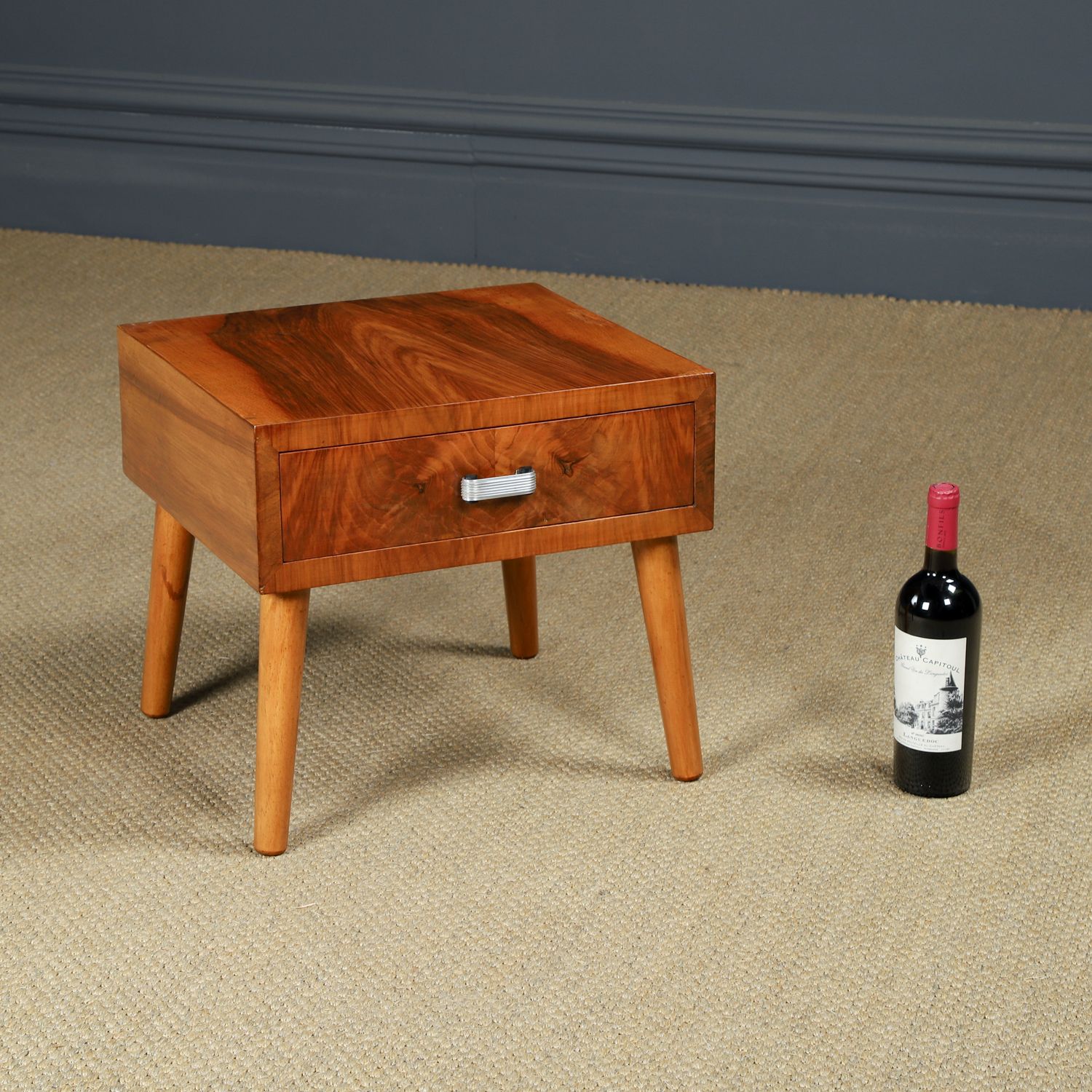 photo for sale Small English Art Deco Figured Walnut Bedside / Side / Lamp Table With Drawer (Circa 1930)