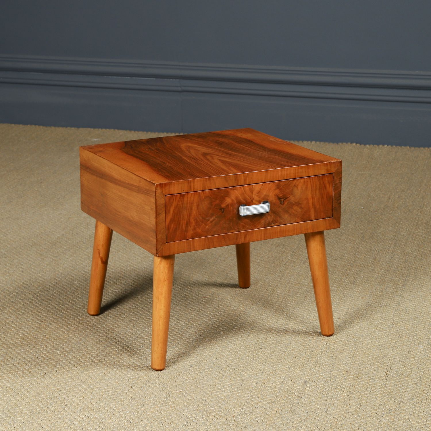 Small English Art Deco Figured Walnut Bedside / Side / Lamp Table With Drawer (Circa 1930)