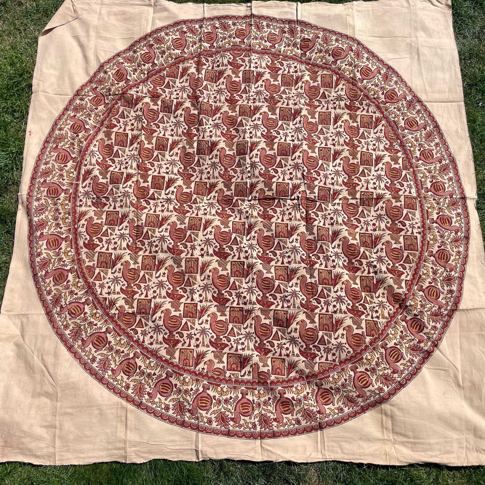 Hand Printed Indian Fabric 171x162cm Dodo Bird Pattern Block Pink Red Tapestry Cotton Handmade Craft Round Making Traditional Cloth India photo buy