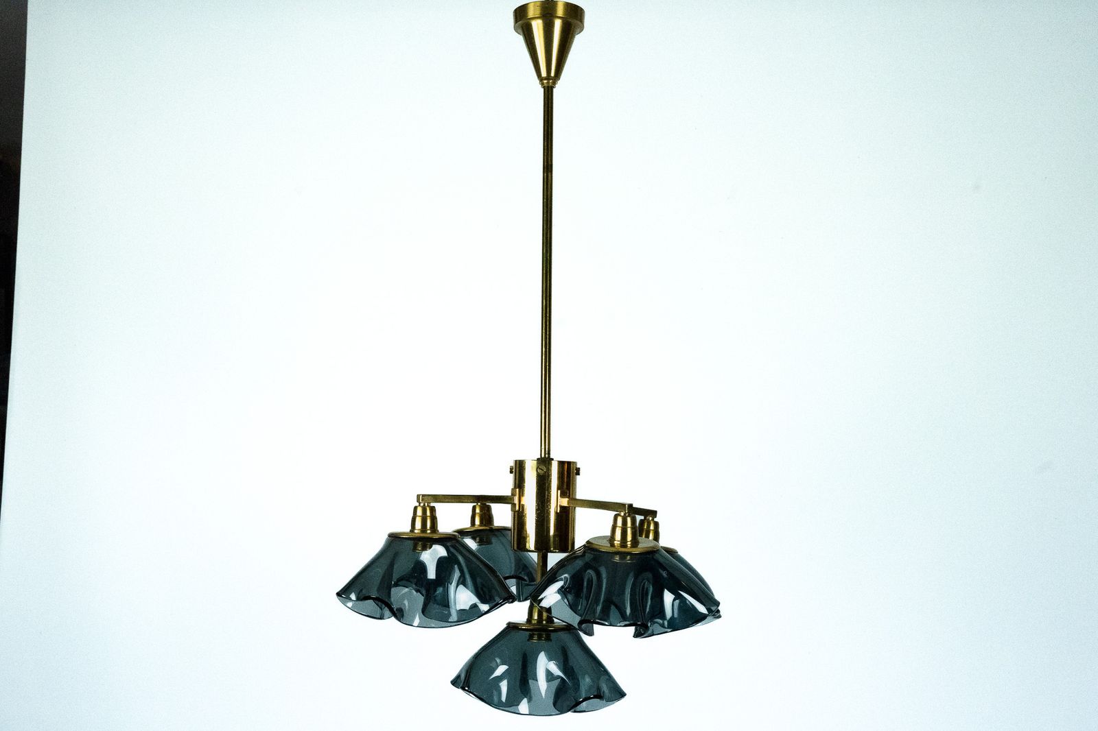 Lighting Italian Five Arm Chandelier In Smoked Vistosi Glass And Brass, 1970s photo