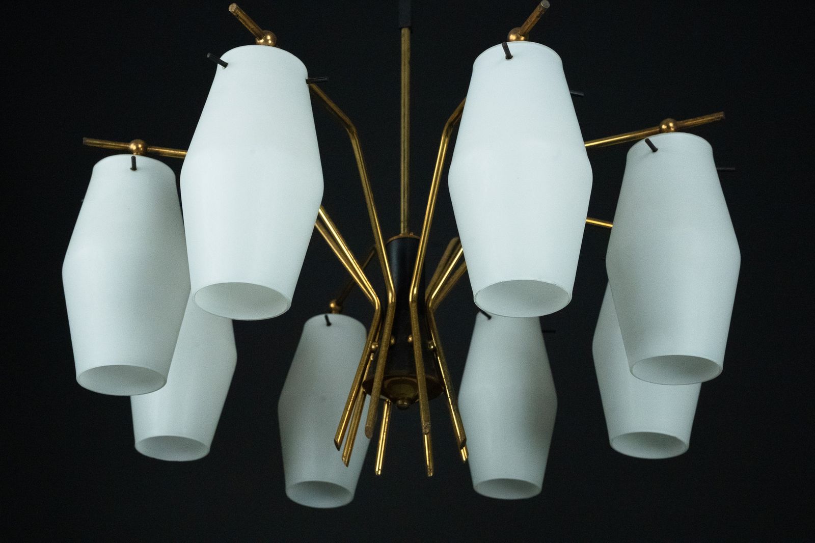 Mid Century Chandelier With Eight Opaline Glass Shades In Stilnovo Manner. Italy 1950s photo 2860.0