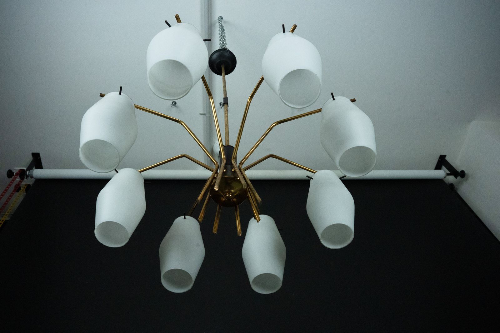 Mid Century Chandelier With Eight Opaline Glass Shades In Stilnovo Manner. Italy 1950s photo vinterior