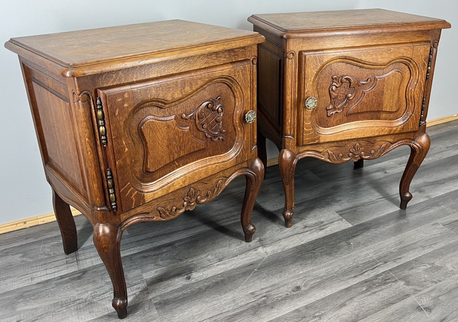 Pair Of  Bedside Tables Vintage French Louis Oak Nightstands Cabinets Lot 4272 photo furniture