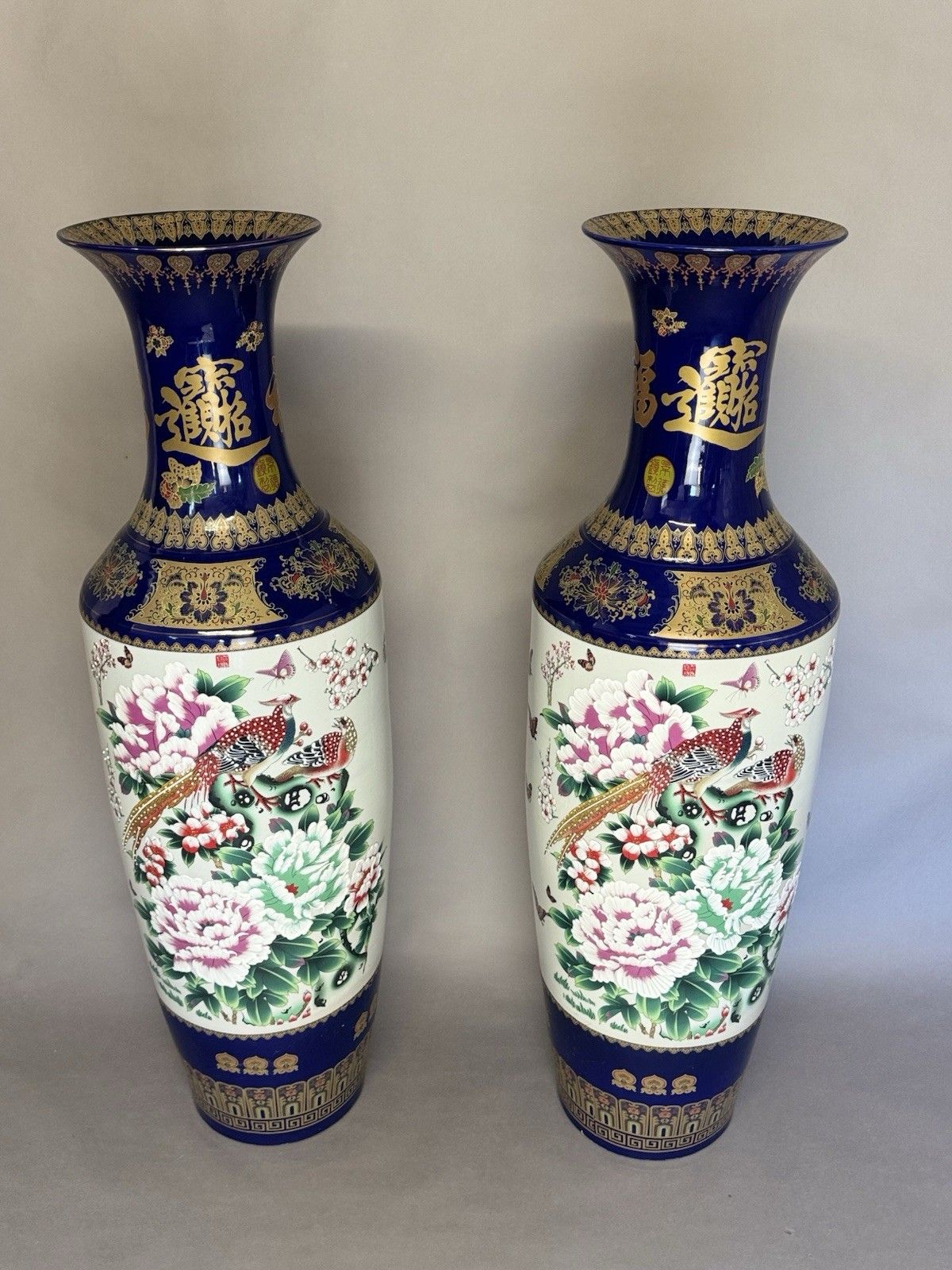 Majestic Pair Of Large Chinese Cobalt Blue & Gold Porcelain Floor Vases photo vintage
