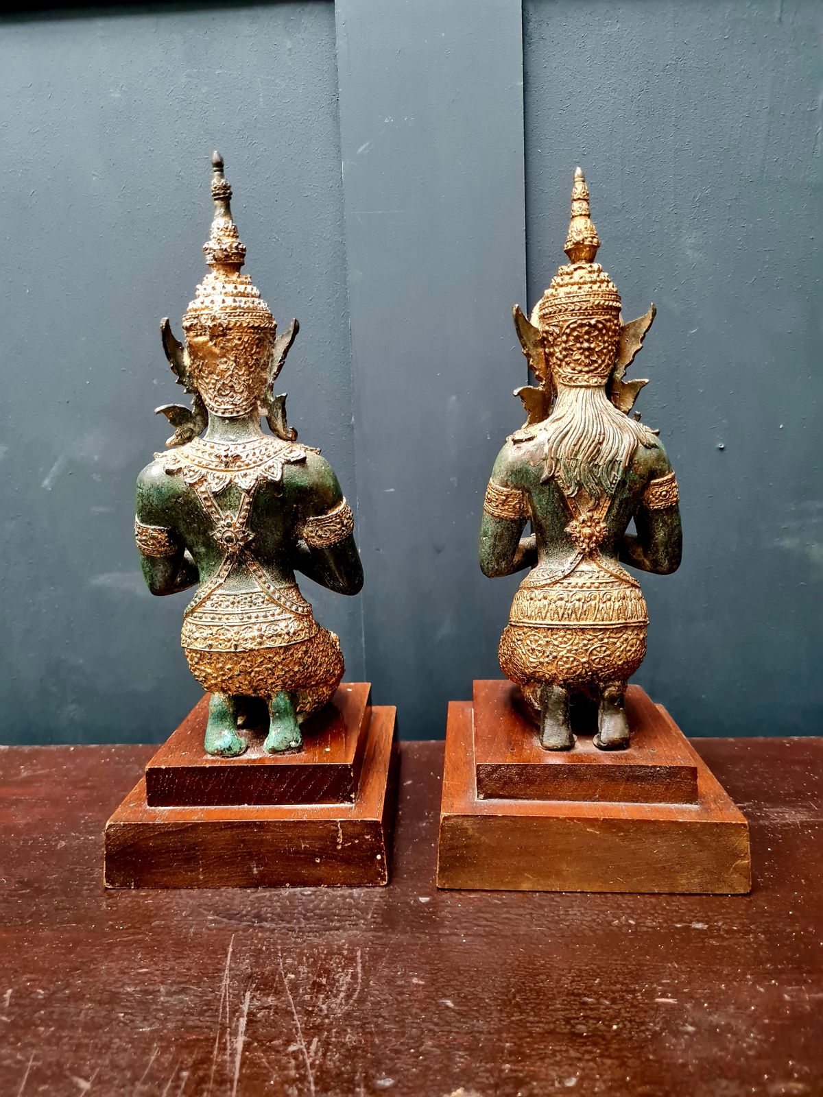 Pair Of Early 20th Century Solid Bronze Thai Temple Guardians   Thepphanom photo buy