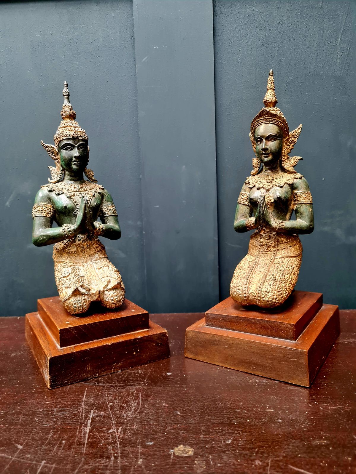 Pair Of Early 20th Century Solid Bronze Thai Temple Guardians   Thepphanom