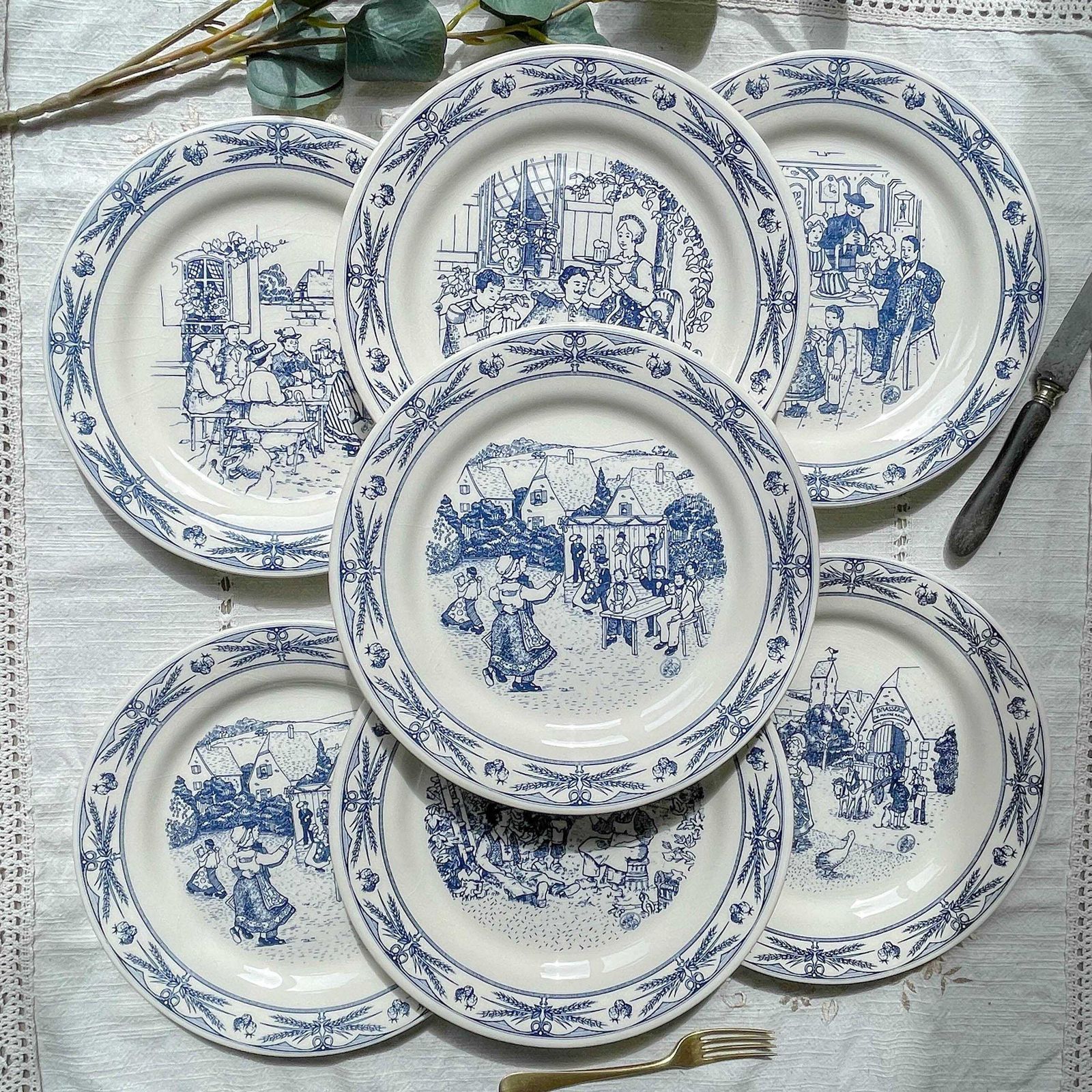 Set Of 7 Antique Gien Earthenware Dinner Plates   Ball Scene   Alsatian Village Festival   Decoration