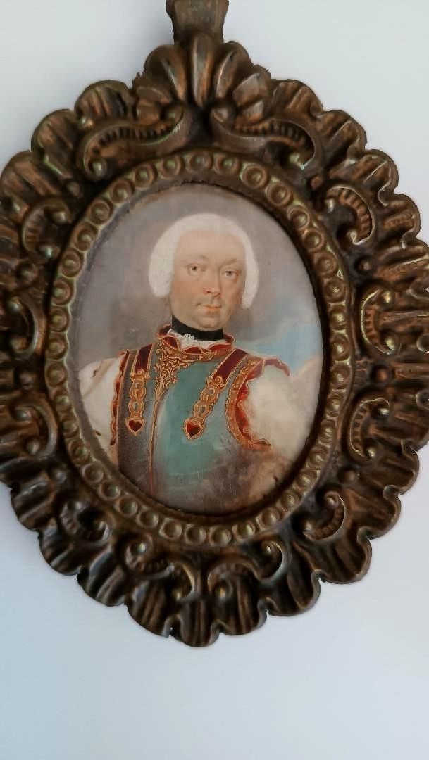 Miniature Oil Painting Noble Portrait 18th Century Italy Silver Frame photo for sale
