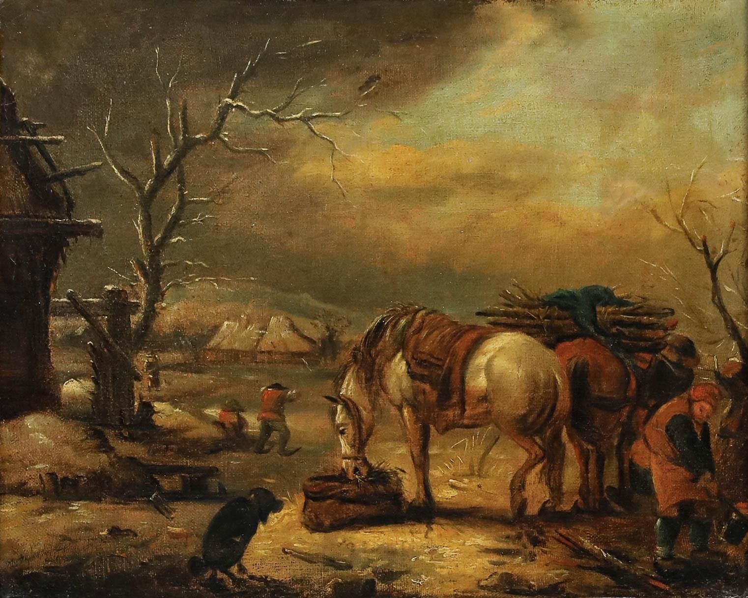 Framed 18th Century Oil Horses In A Winter Landscape photo furniture