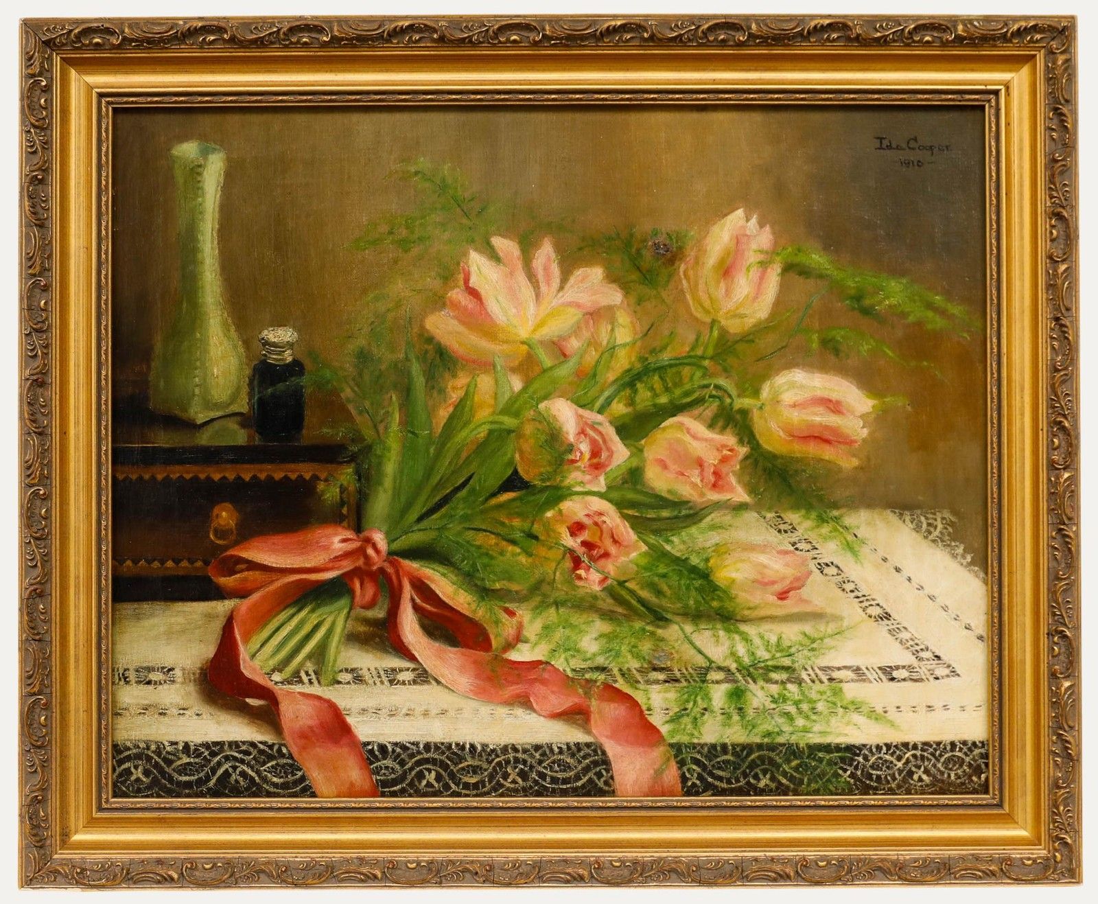 Ida Cooper Framed 1910 Oil, Still Life With Tulips