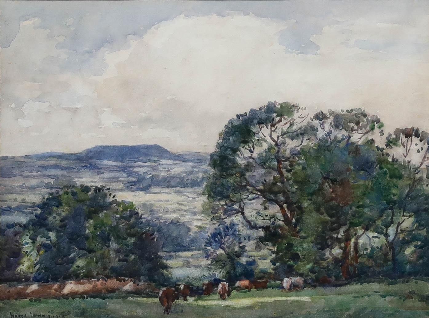 George Graham (1881 1949) Framed 1914 Watercolour, Grazing Cattle photo furniture