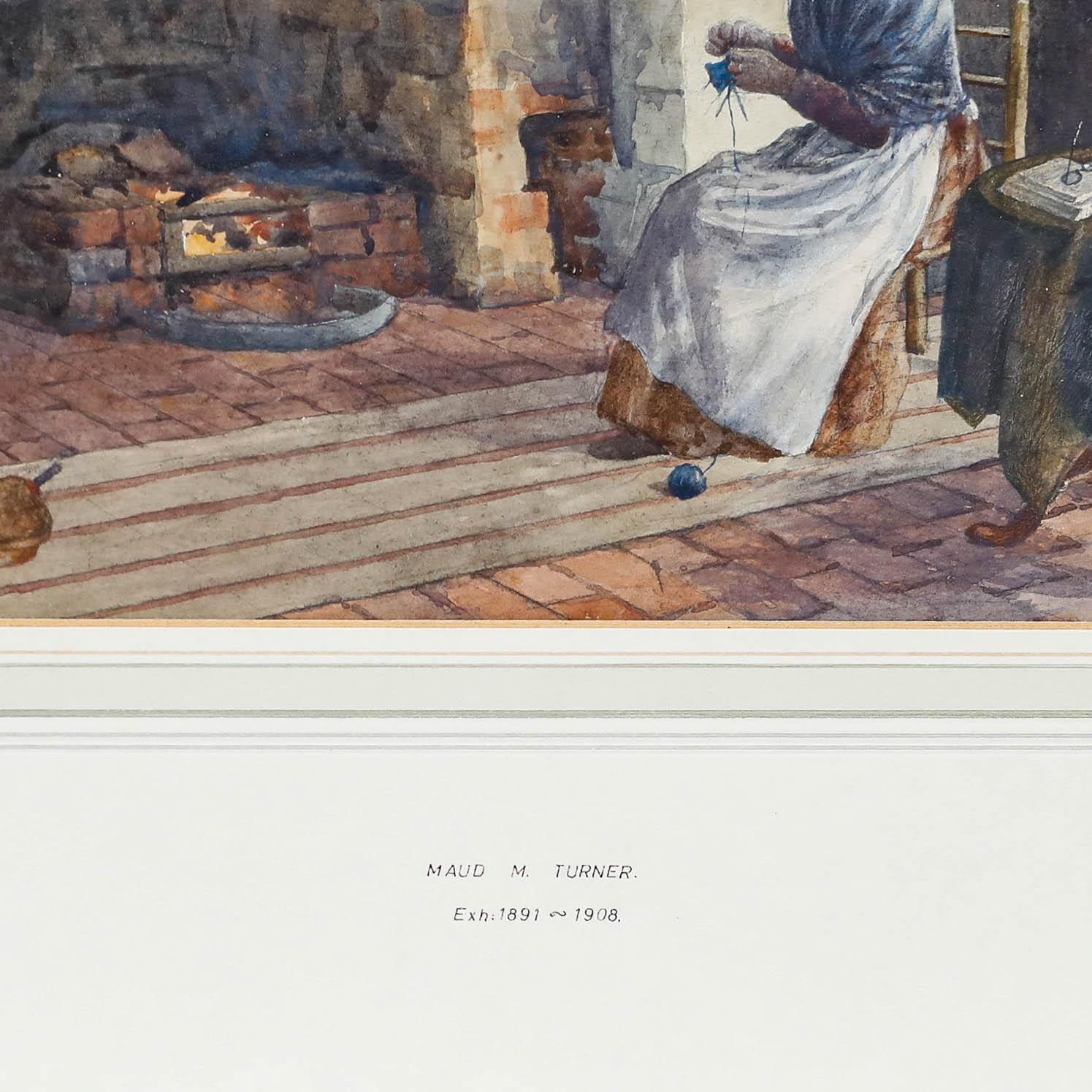 Maud Mary Turner (1862 1947) Watercolour, Knitting By The Fireside photo 395.0