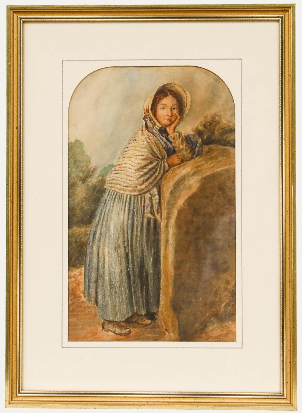 Manner Of William H Hunt (1827 1910) Watercolour, Girl Leaning On A Rock