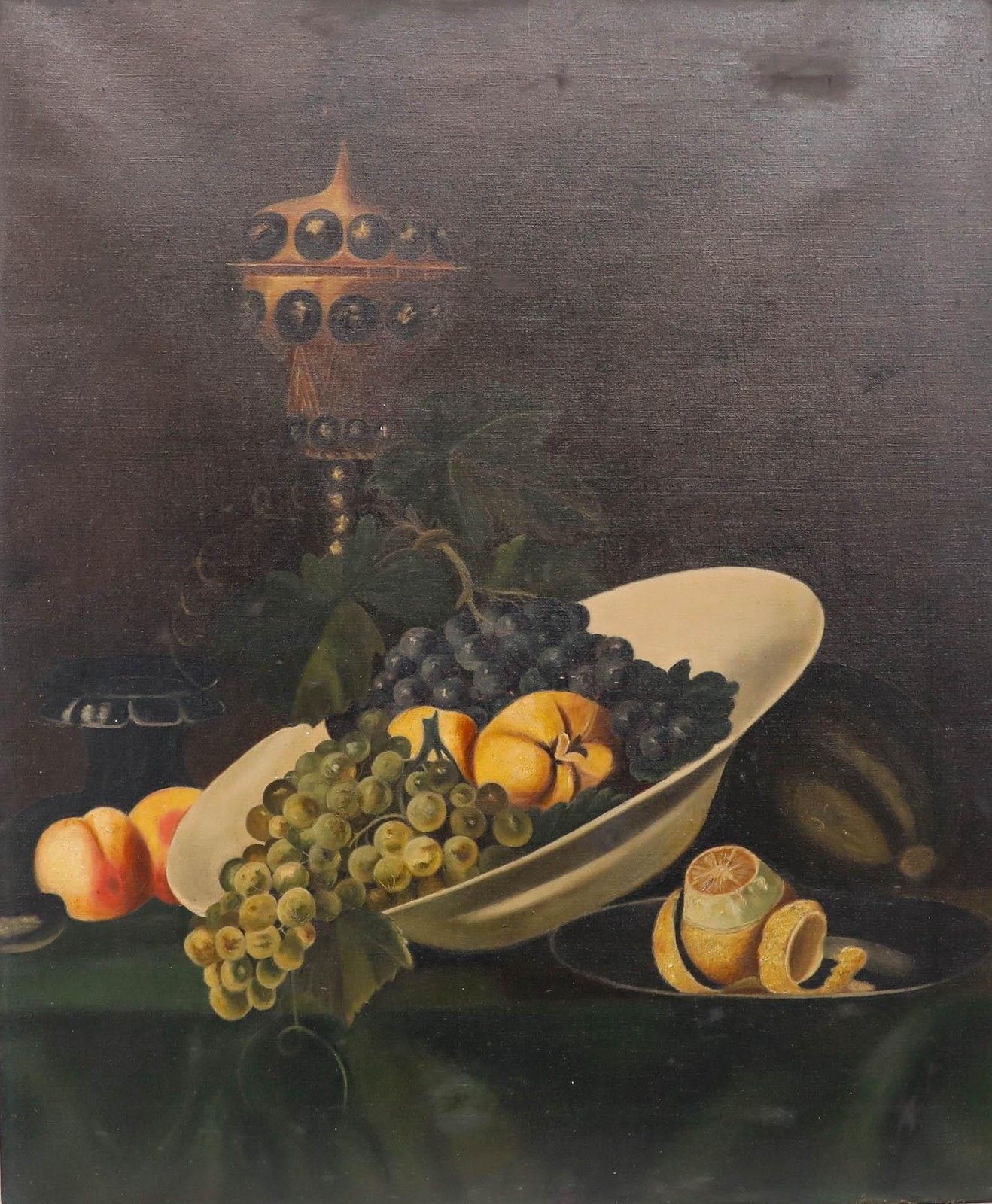 L. Jones Mid 20th Century Oil, Still Life With A Bowl Of Fruit & Peeled Lemon photo furniture