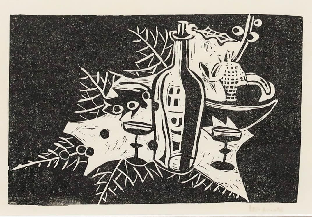 Peter Arnold (1922 2009) Framed 20th Century Linoprint, Wine And Fruit photo furniture