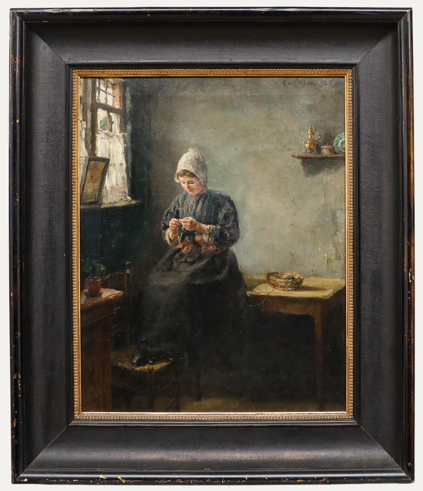 Carl Haver (1859 1920) Framed 1910 Oil, Young Woman Knitting