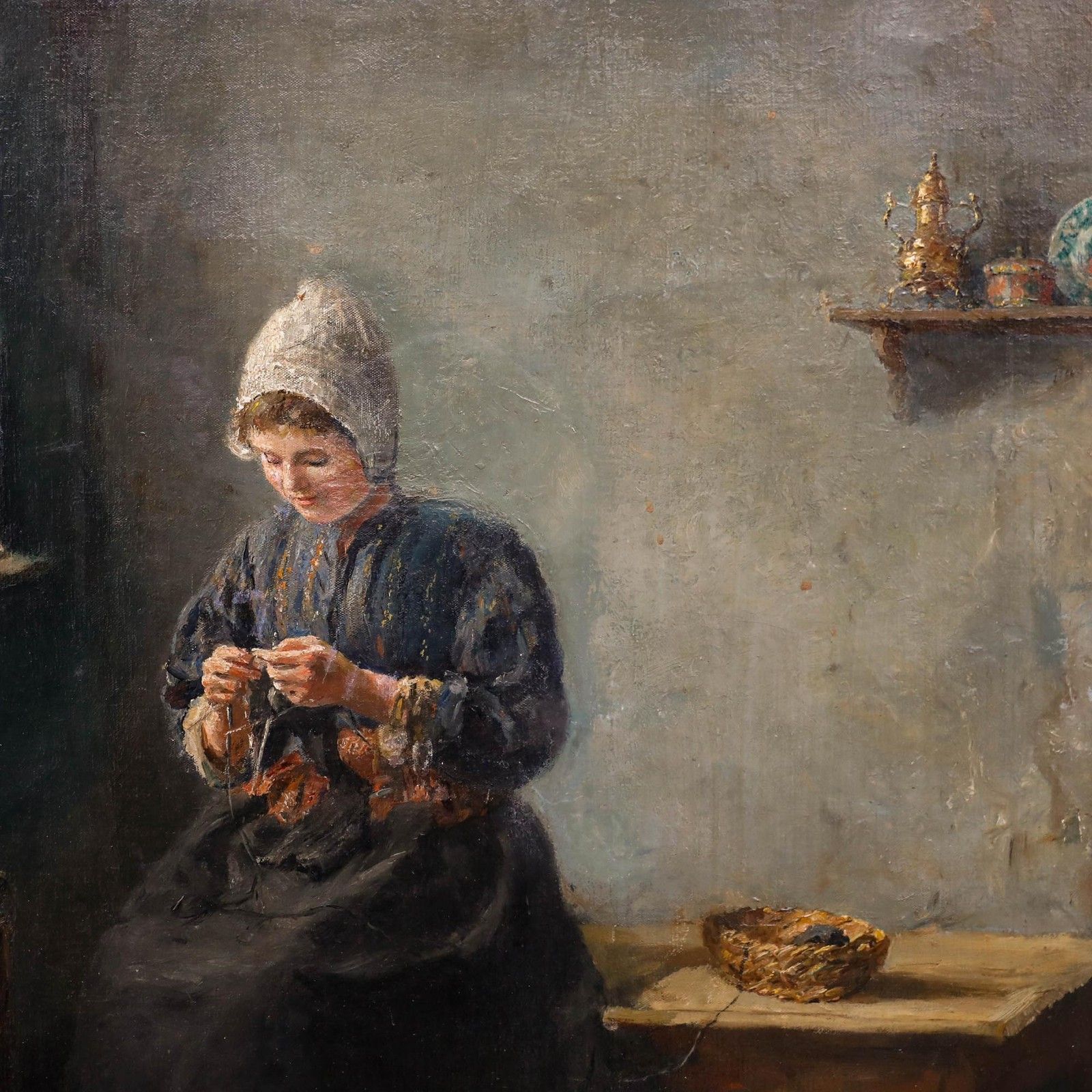 Carl Haver (1859 1920) Framed 1910 Oil, Young Woman Knitting photo Art