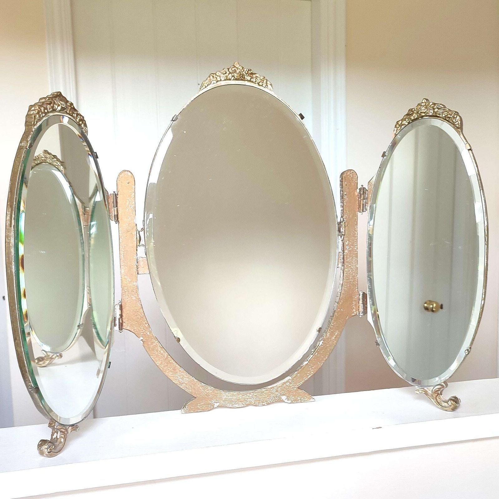 Miss Haversham's Romantic Ruin: Shabby Chic Gold Gilt Triptych Triple Vanity Mirror