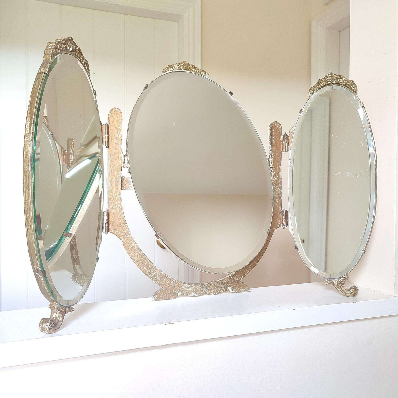 Miss Haversham's Romantic Ruin: Shabby Chic Gold Gilt Triptych Triple Vanity Mirror photo for sale