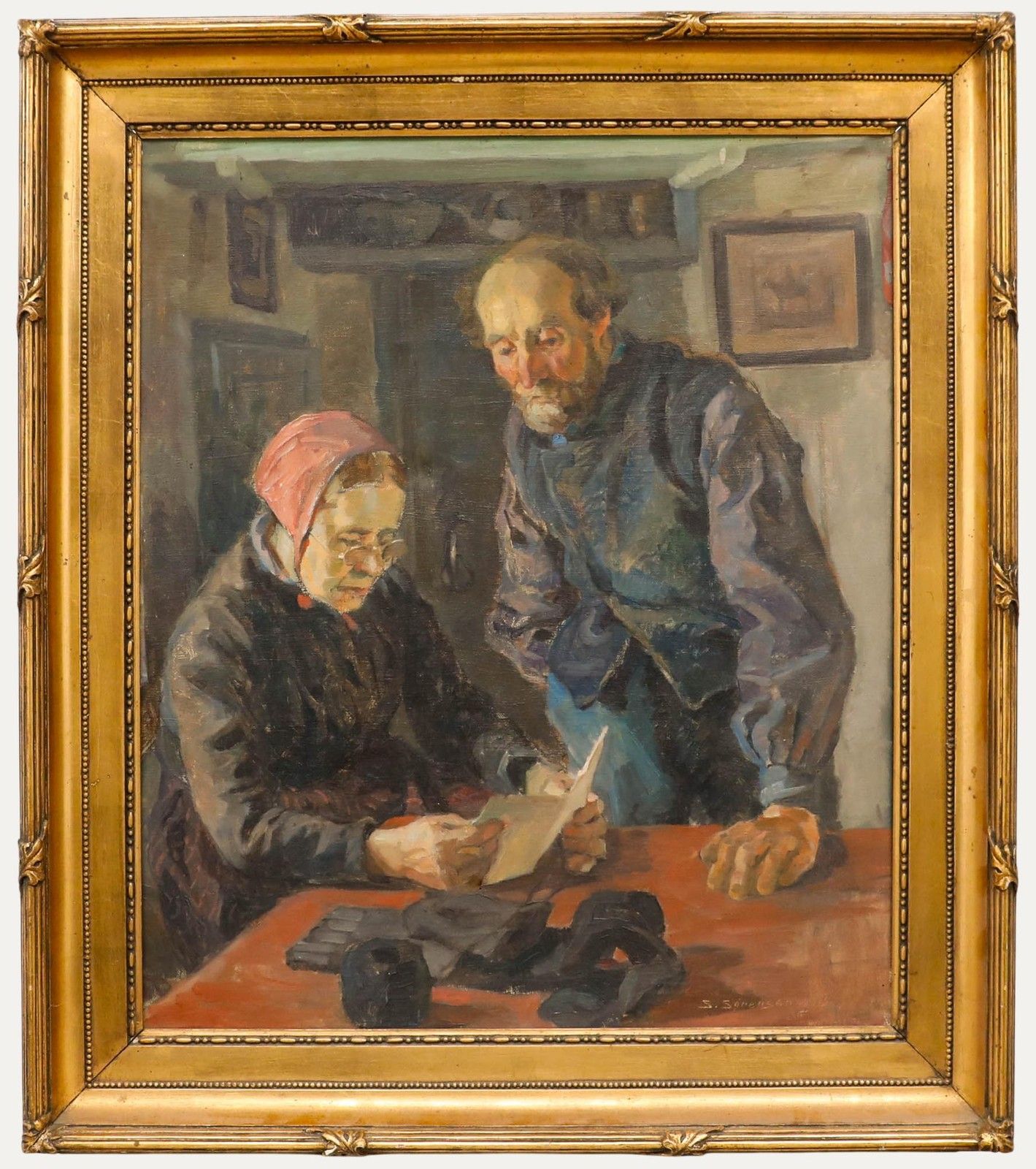 S. Sorensen 20th Century Oil, Couple Reading A Letter