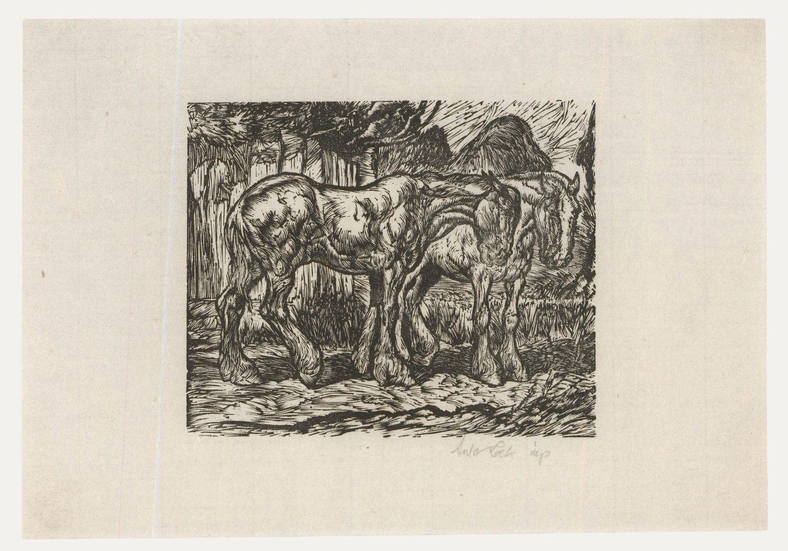 Anton Lock (1893 1971) Early 20th Century Woodcut, Two Horses