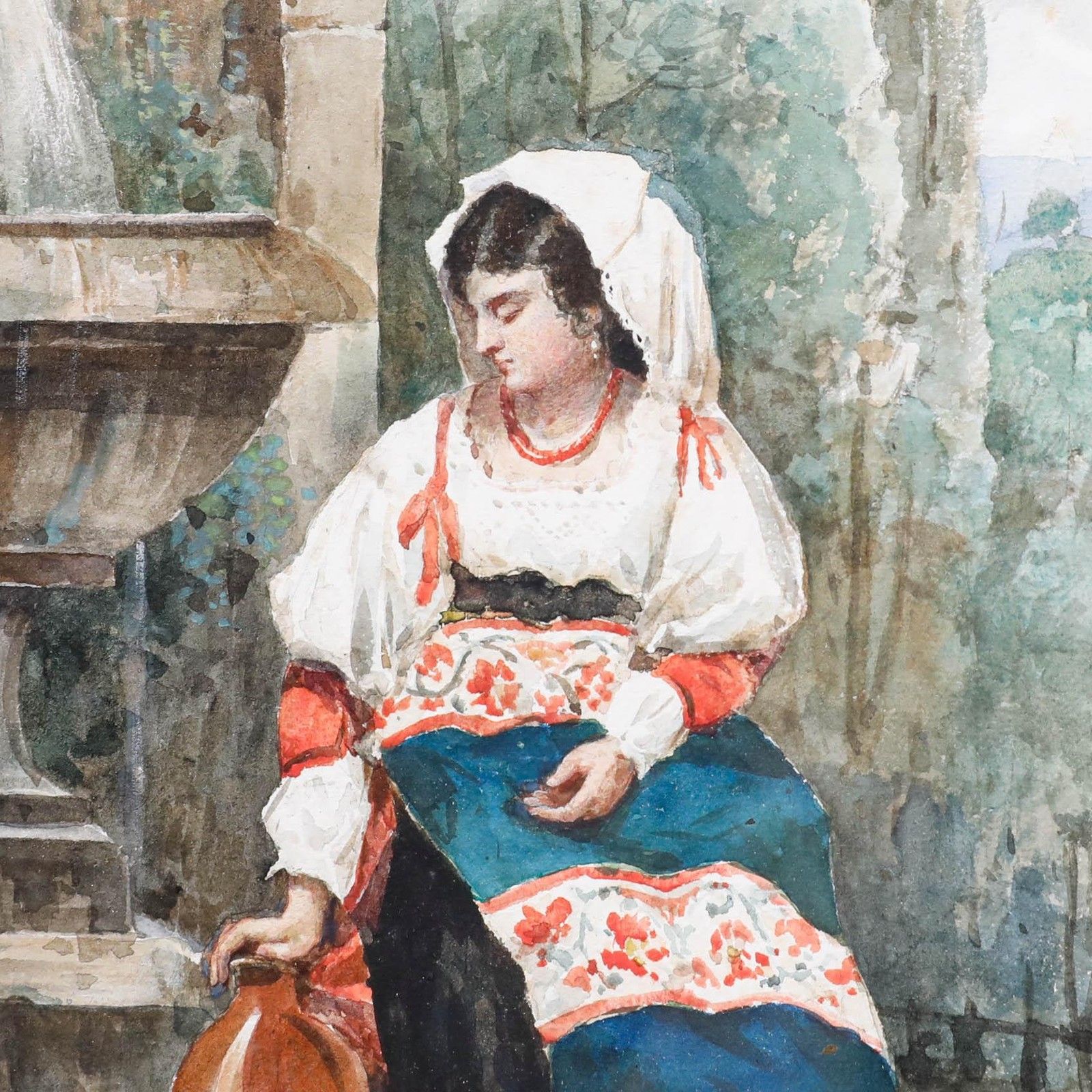 Framed 19th Century Watercolour Girl By The Fountain photo Art