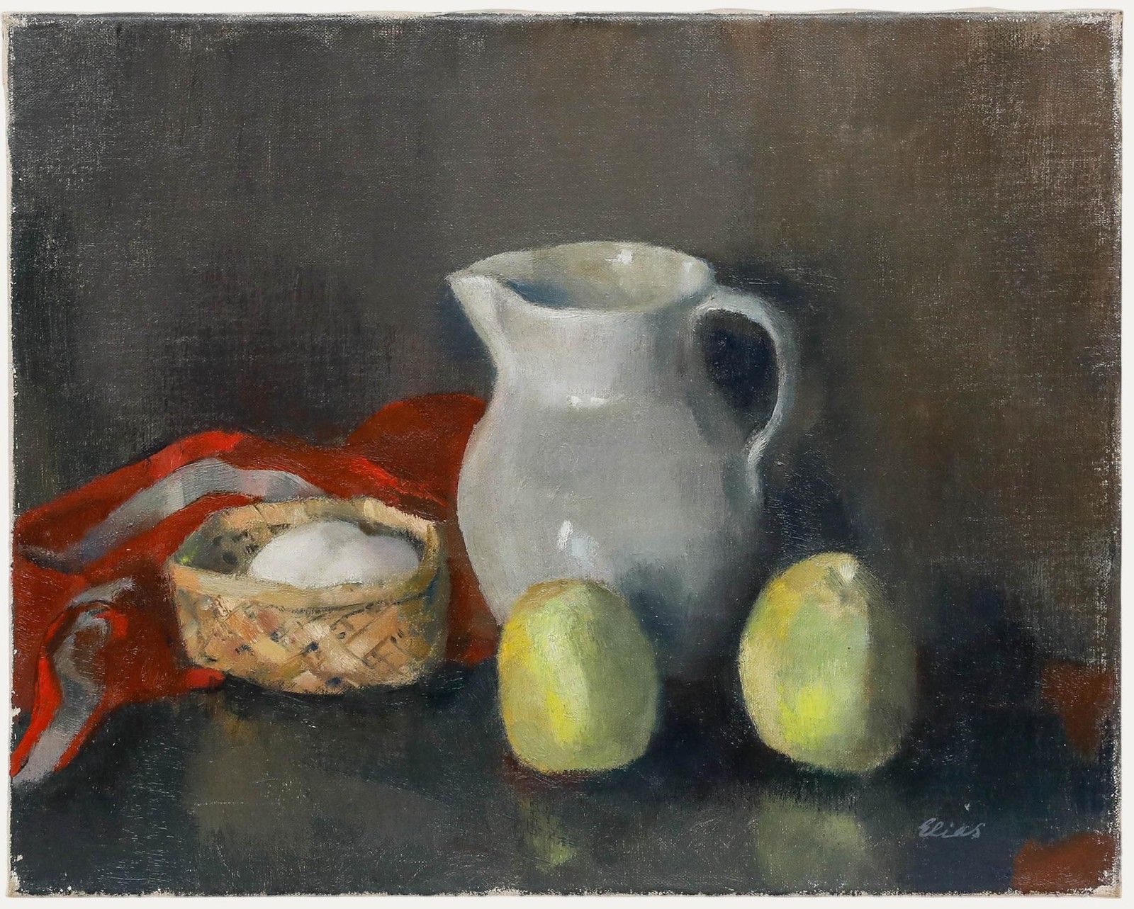 Joke Hartman Elias (1906 2004) Mid 20th Century Oil, Jug, Apples & Eggs