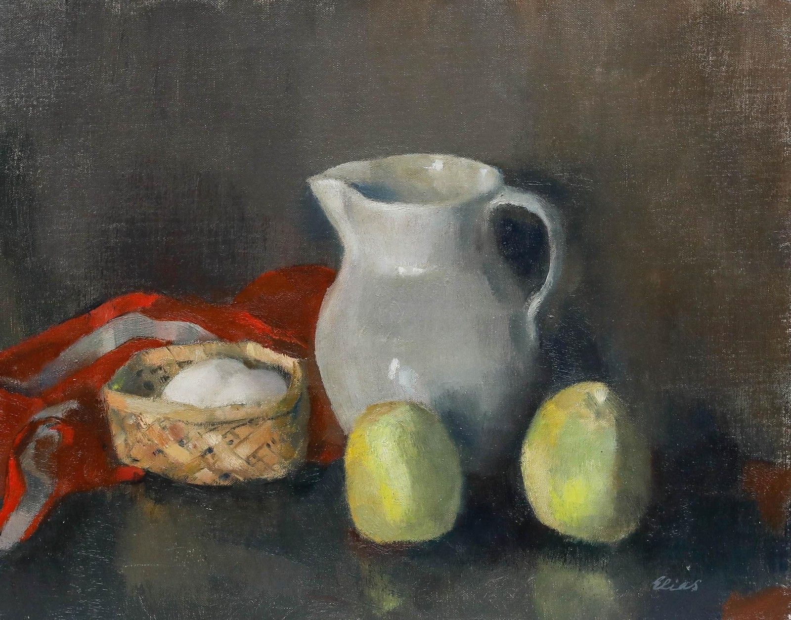 Joke Hartman Elias (1906 2004) Mid 20th Century Oil, Jug, Apples & Eggs photo furniture