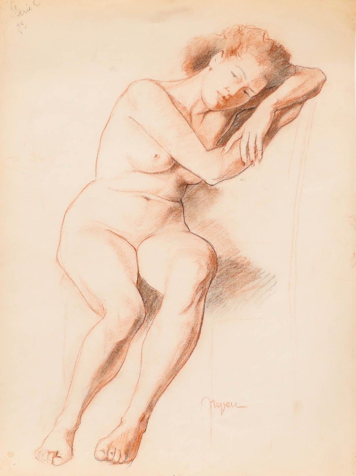 Pierre Neveu (B.1929) Mid 20th Century Chalk Drawing, Lady In Sanguine photo furniture