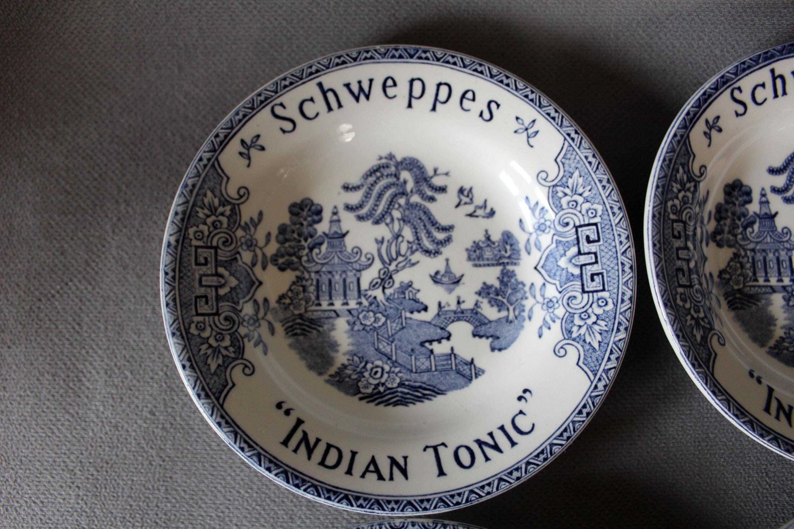 Set Of 6 Vintage French Schweppes Small Dish Indian Tonic, K & G Luneville France, Advertising, Bistro, Blue And White Willow Pattern photo furniture