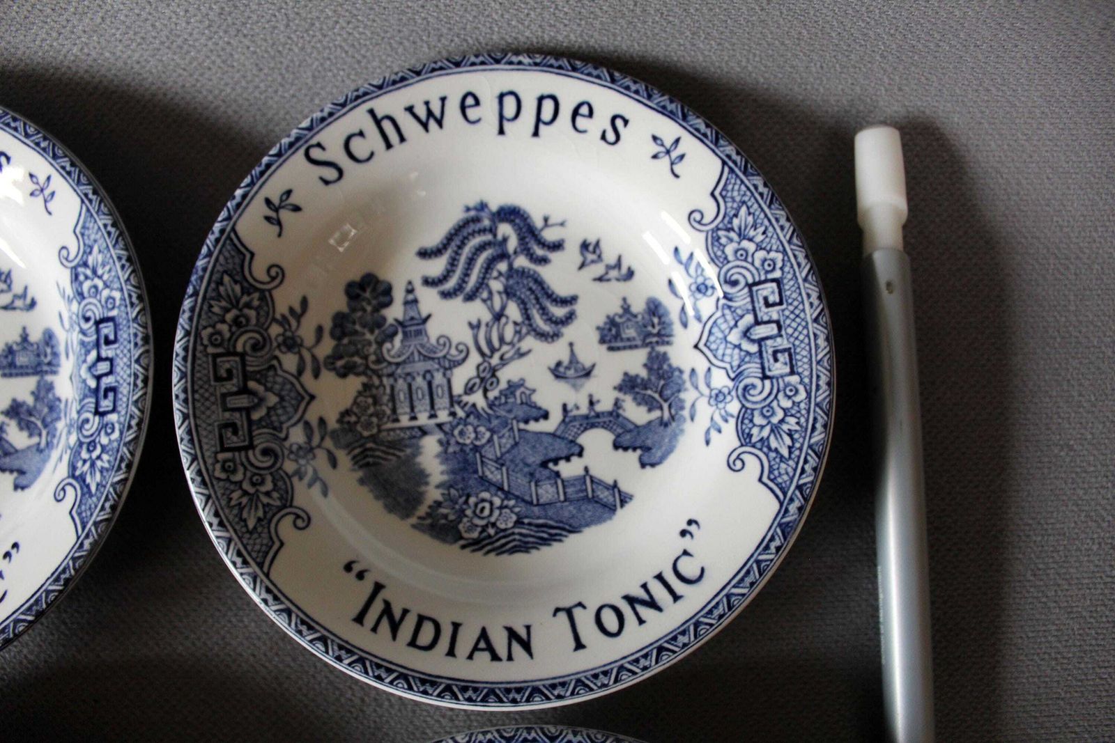 Set Of 6 Vintage French Schweppes Small Dish Indian Tonic, K & G Luneville France, Advertising, Bistro, Blue And White Willow Pattern photo Home Decor
