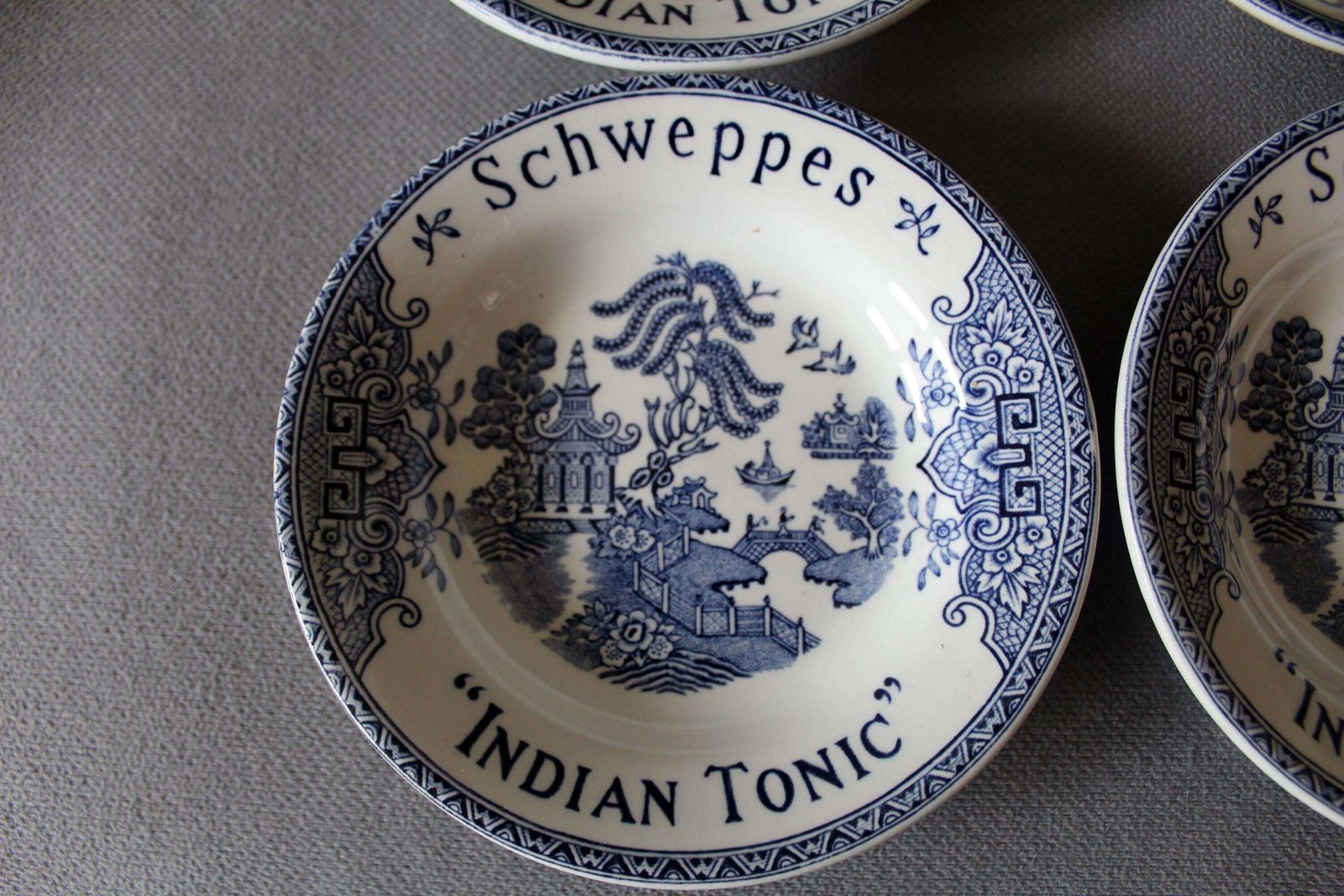 Set Of 6 Vintage French Schweppes Small Dish Indian Tonic, K & G Luneville France, Advertising, Bistro, Blue And White Willow Pattern photo buy