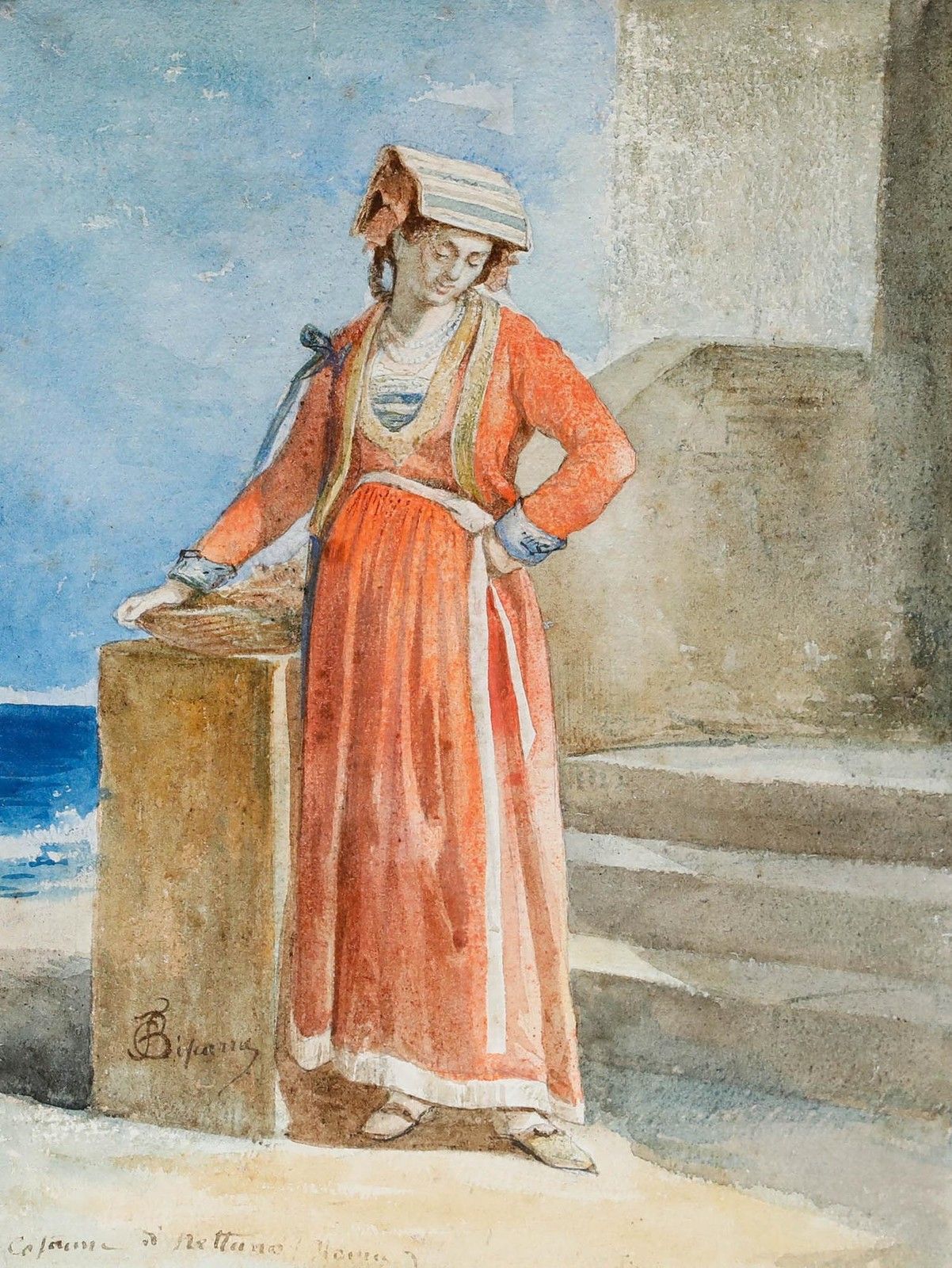 Circle Of Amadeo Preziosi, Early 20th Century Watercolour, Woman By The Sea photo furniture