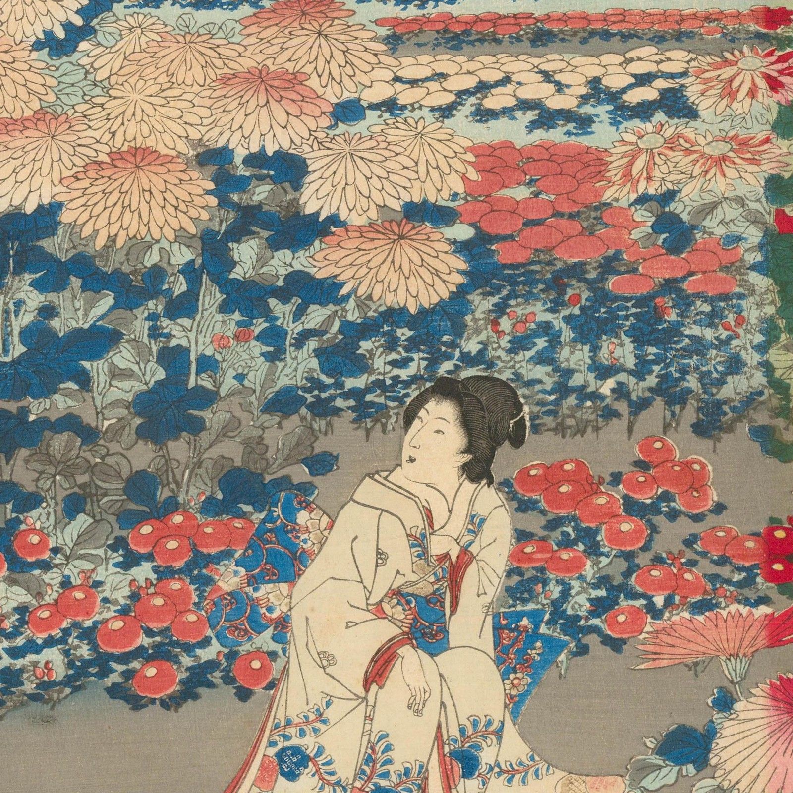 Atrib. Hashimoto Naoyoshi (1838 1912) Japanese Woodblock, In The Flower Garden photo for sale
