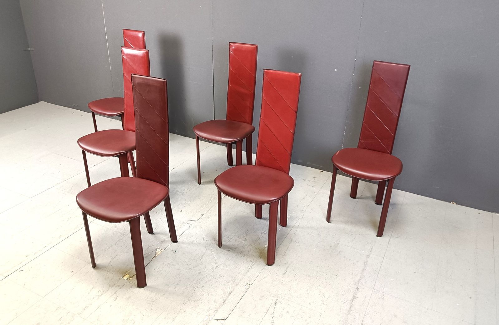 Set Of 6 Italian Dark Red Leather Dining Chairs, 1980s photo buy