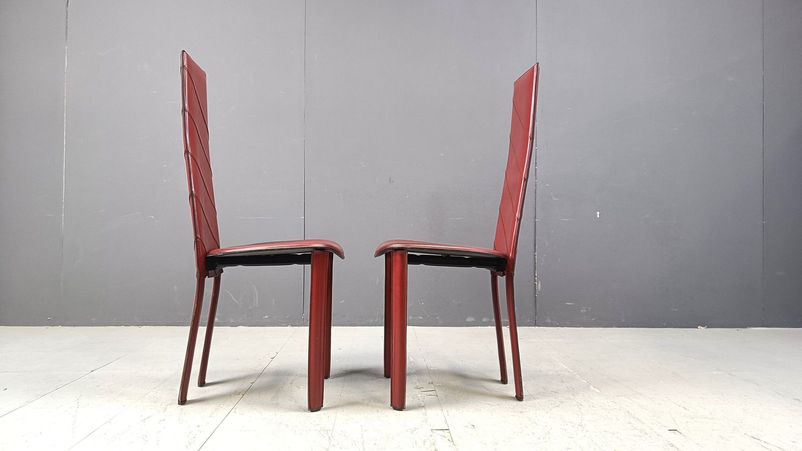 photo for sale Set Of 6 Italian Dark Red Leather Dining Chairs, 1980s