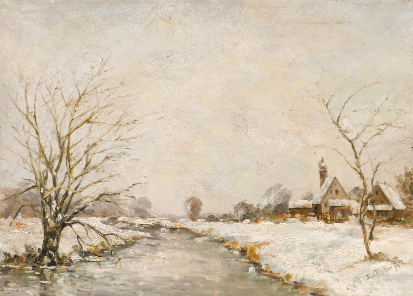 Karl Müller 20th Century Oil, Village In The Snow photo furniture