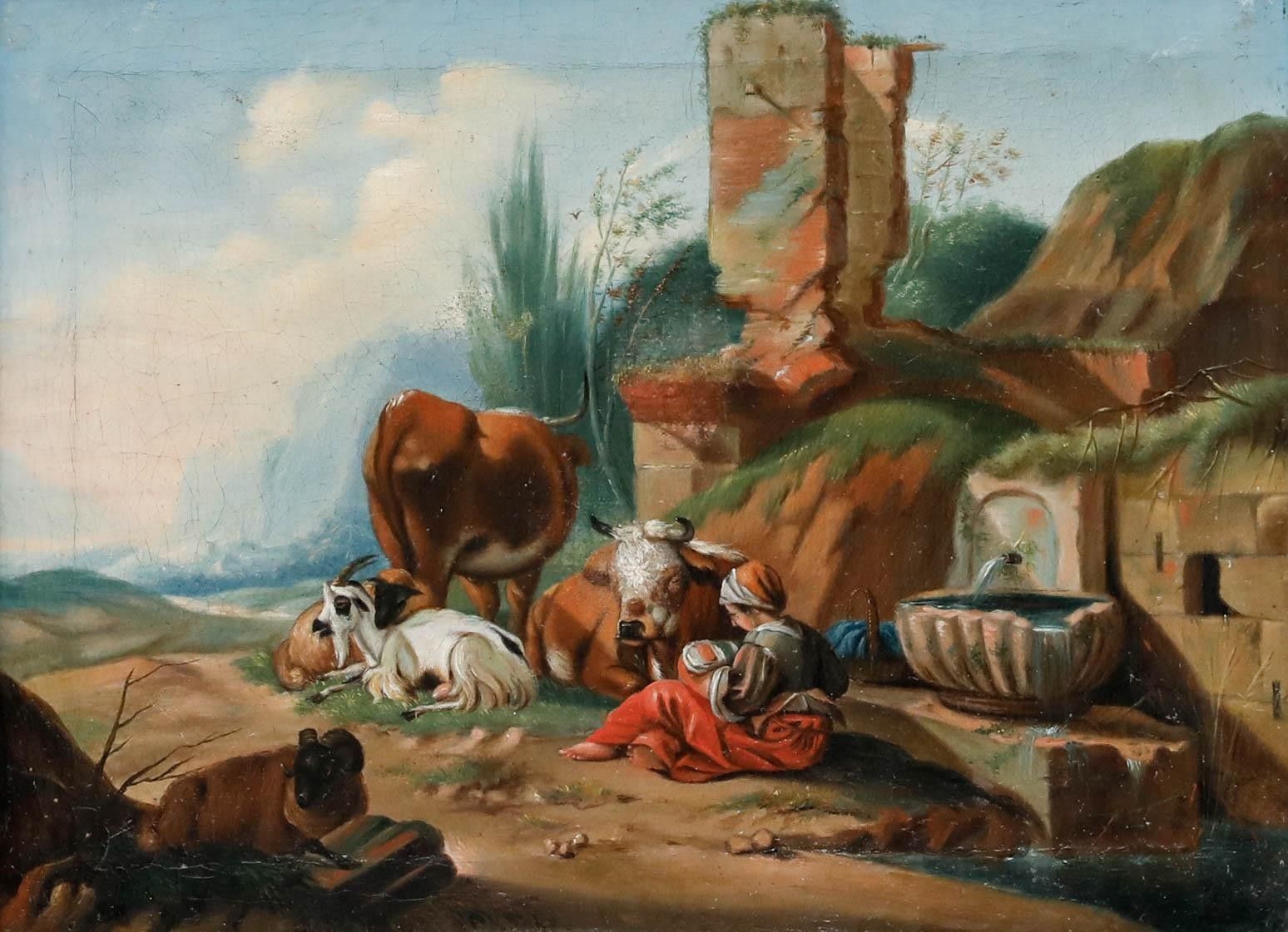 Italian School C.1800 Oil Shepherdess At The Well photo furniture