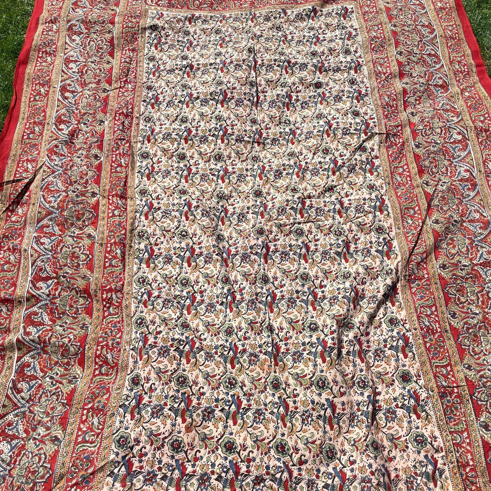 Hand Printed Indian Fabric 215x170cm Pattern Block Beige Blue Red Tapestry Cotton Handmade Craft Round Making Traditional Cloth India