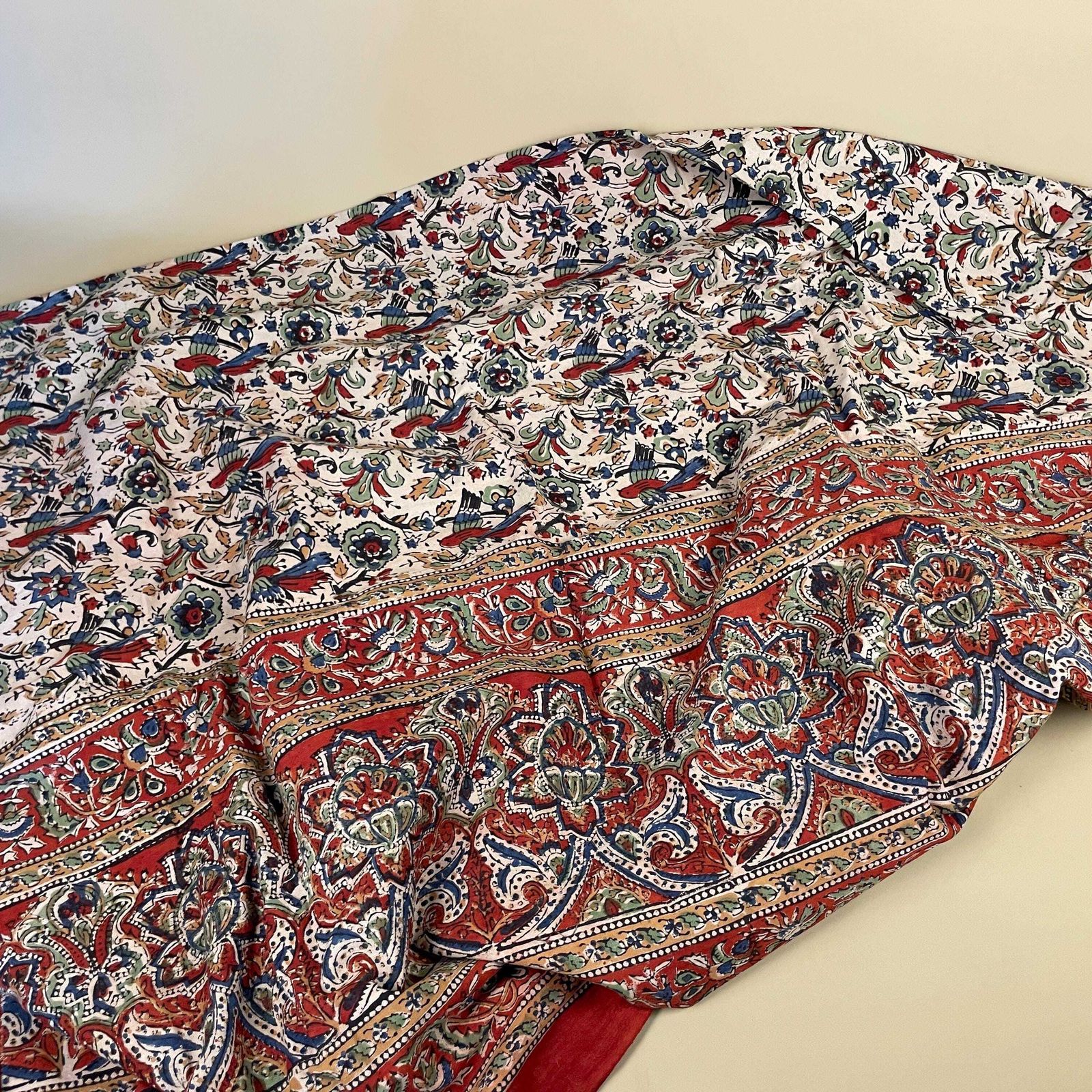 Hand Printed Indian Fabric 215x170cm Pattern Block Beige Blue Red Tapestry Cotton Handmade Craft Round Making Traditional Cloth India photo 50.0
