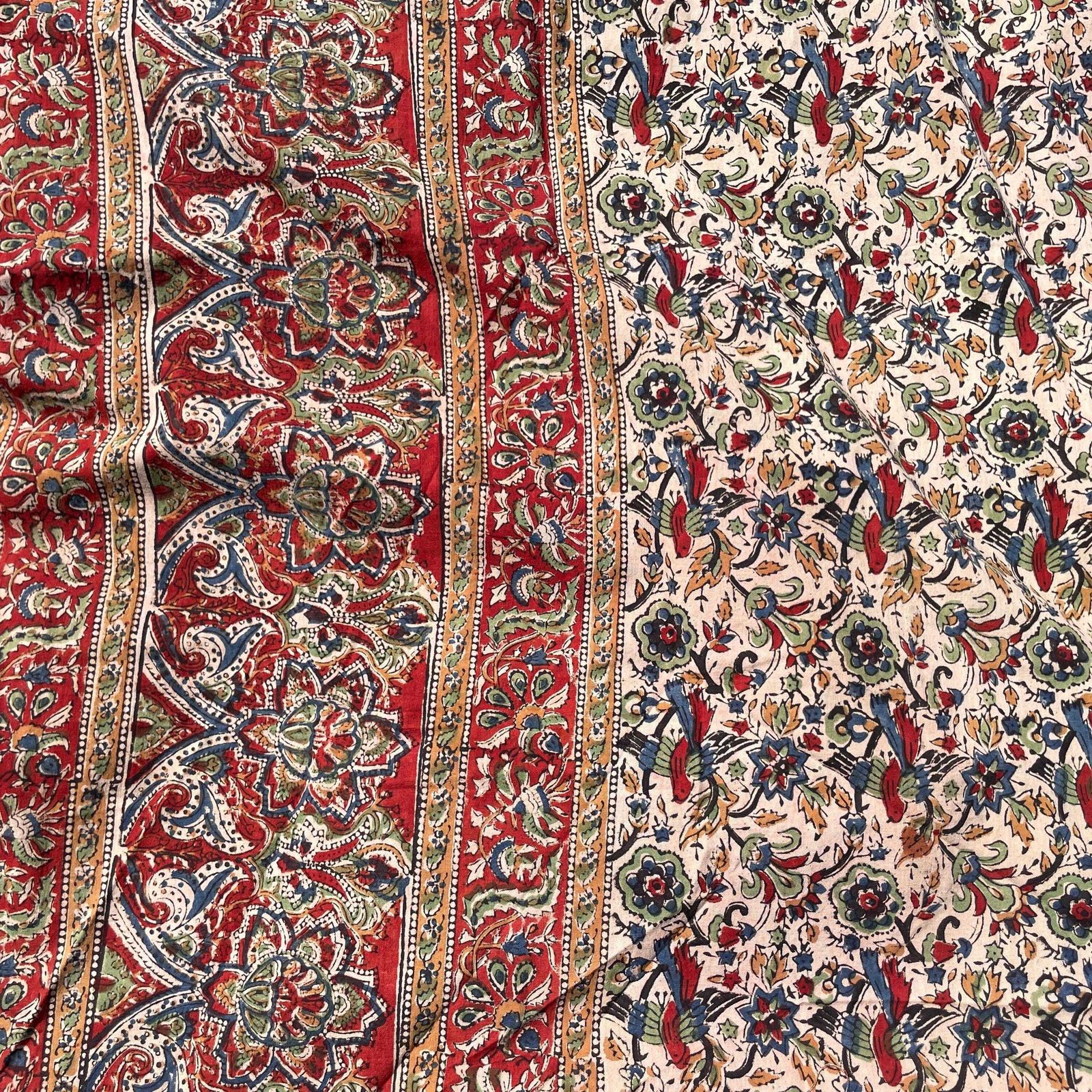 50.0 Hand Printed Indian Fabric 215x170cm Pattern Block Beige Blue Red Tapestry Cotton Handmade Craft Round Making Traditional Cloth India photo