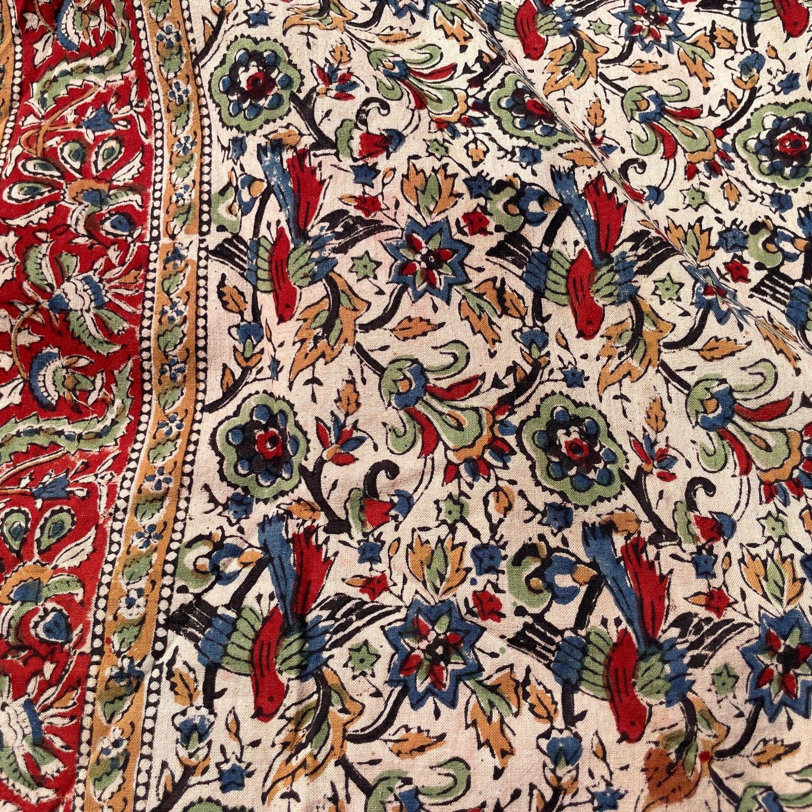 photo buy Hand Printed Indian Fabric 215x170cm Pattern Block Beige Blue Red Tapestry Cotton Handmade Craft Round Making Traditional Cloth India