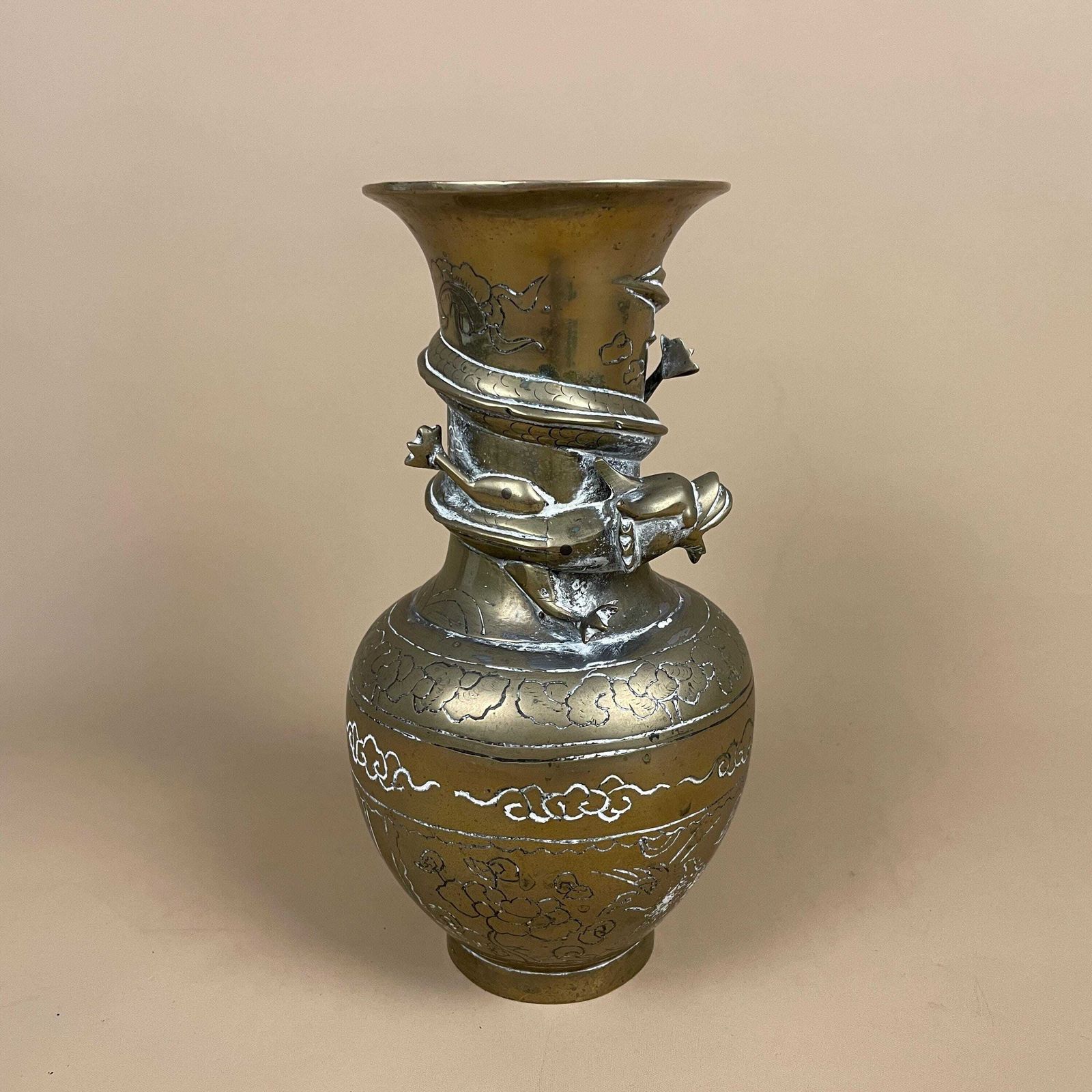Gold Brass Oriental Chinese Vase Decorative Pot Antique Asian Hand Wrapped Dragon Twisted Pattern Decorative Vintage Engraved Traditional photo for sale
