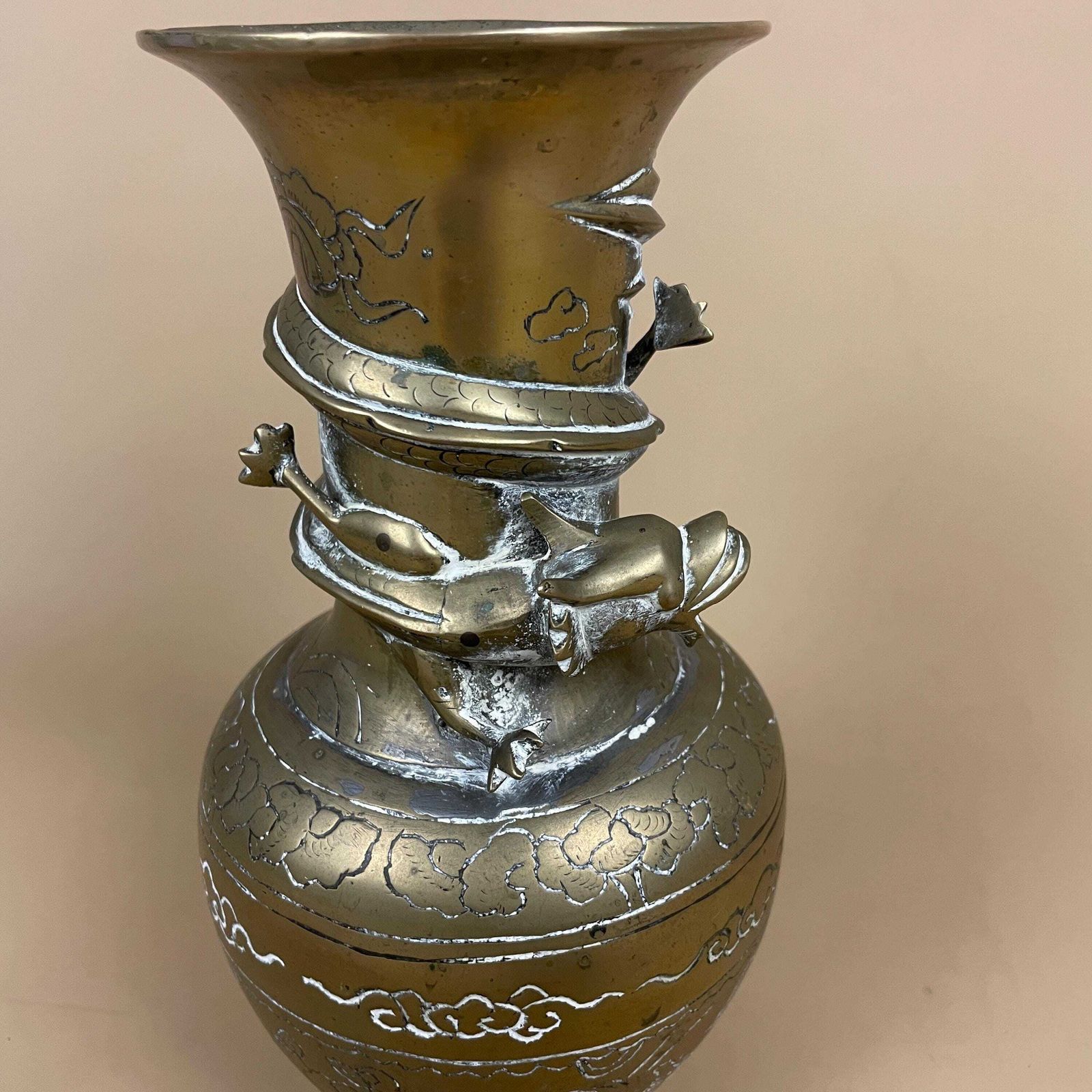 Gold Brass Oriental Chinese Vase Decorative Pot Antique Asian Hand Wrapped Dragon Twisted Pattern Decorative Vintage Engraved Traditional photo Home Decor