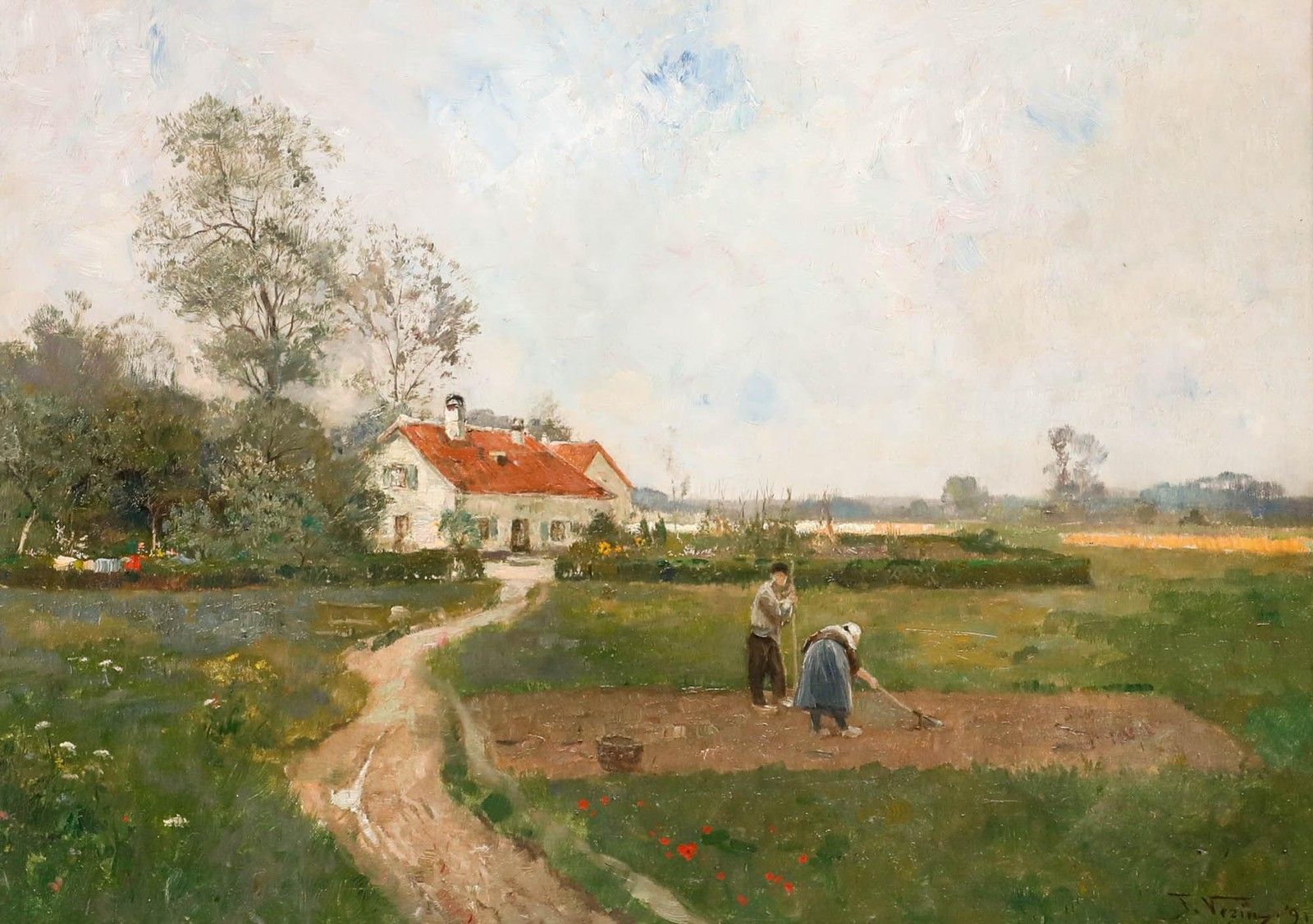 Frederick Vezin (1859 1942) Framed Oil, Working The Allotment Patch photo furniture