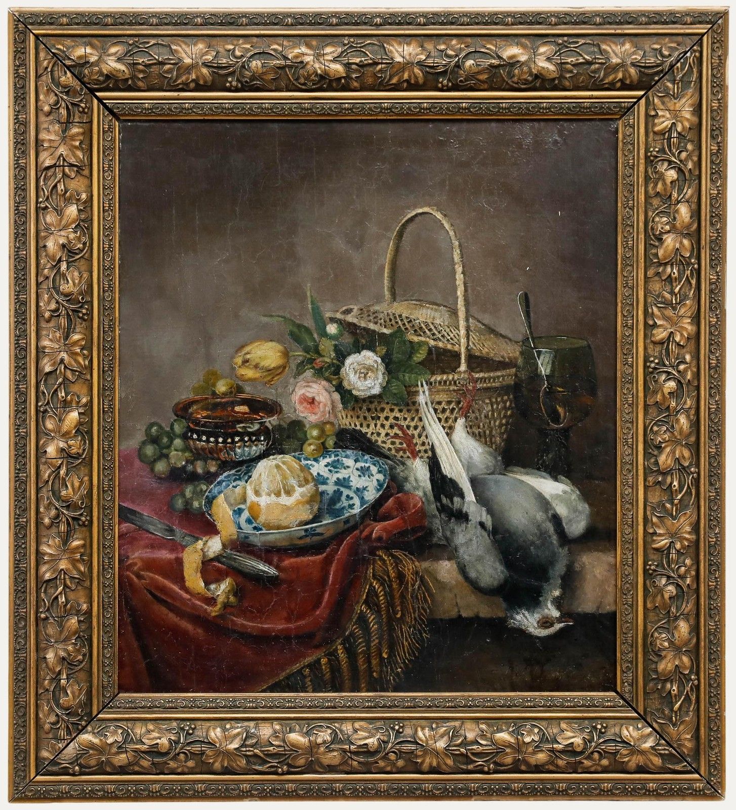 Framed 19th Century Oil Flowers, Lemon, And Pigeon