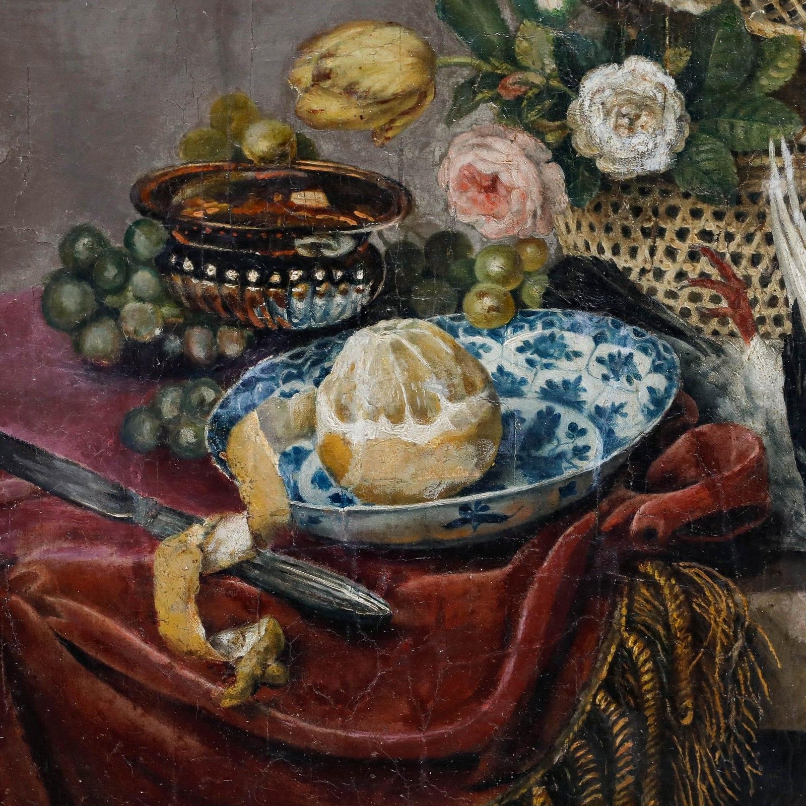 Framed 19th Century Oil Flowers, Lemon, And Pigeon photo Art