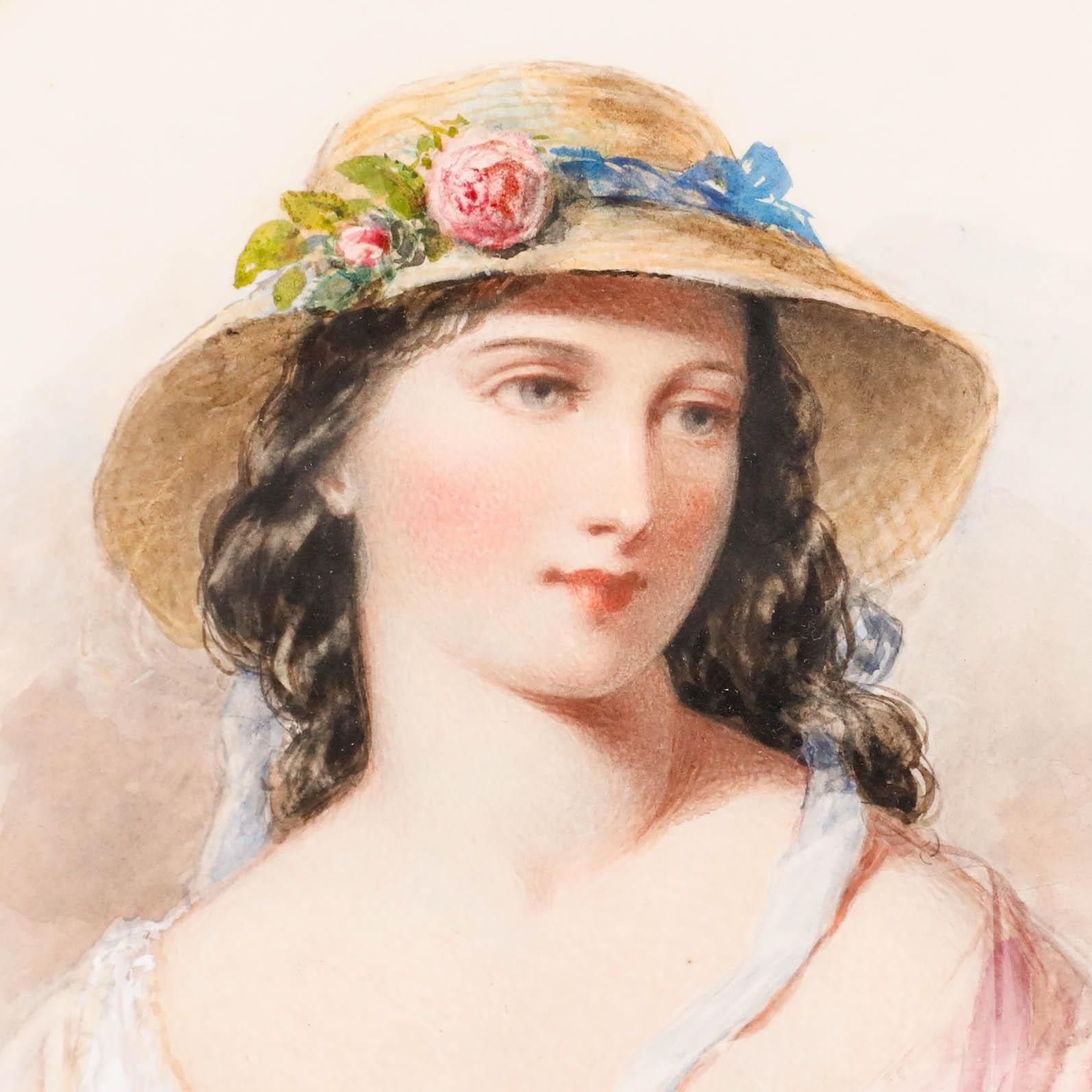 Henry E. Hobson (1820 1881) 1866 Watercolour, Portrait Of A Young Lady In Pink photo Art