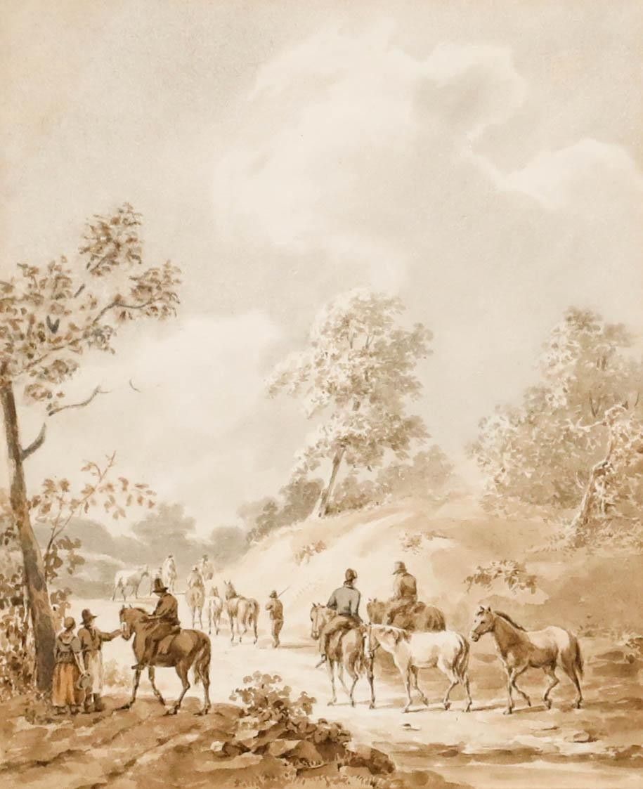 French School 19th Century Watercolour Horses And Riders On A Country Lane photo furniture